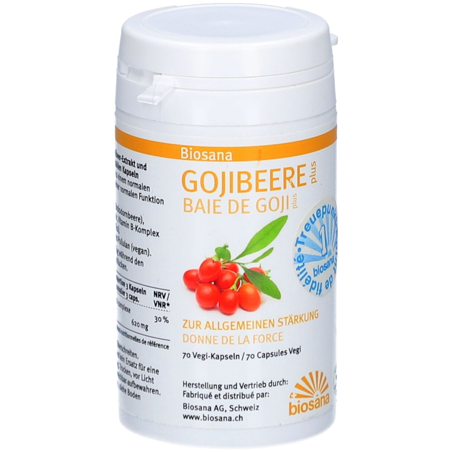 Boîte blanche avec étiquette rouge. Inscription : Gojibeere plus. Illustration de baies de goji. 70 gélules végétales.