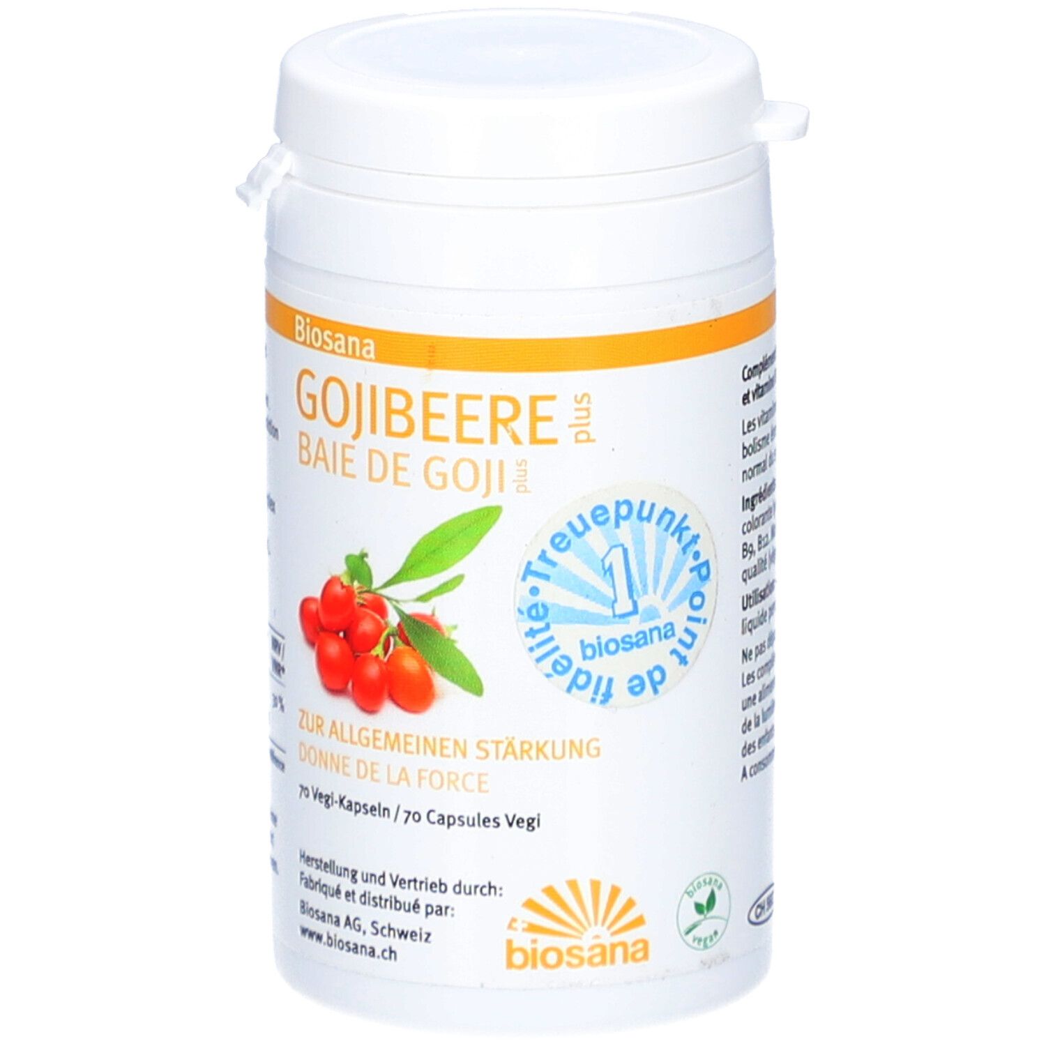 Boîte blanche avec étiquette rouge. Inscription : Gojibeere plus. Illustration de baies de goji. 70 gélules végétales.