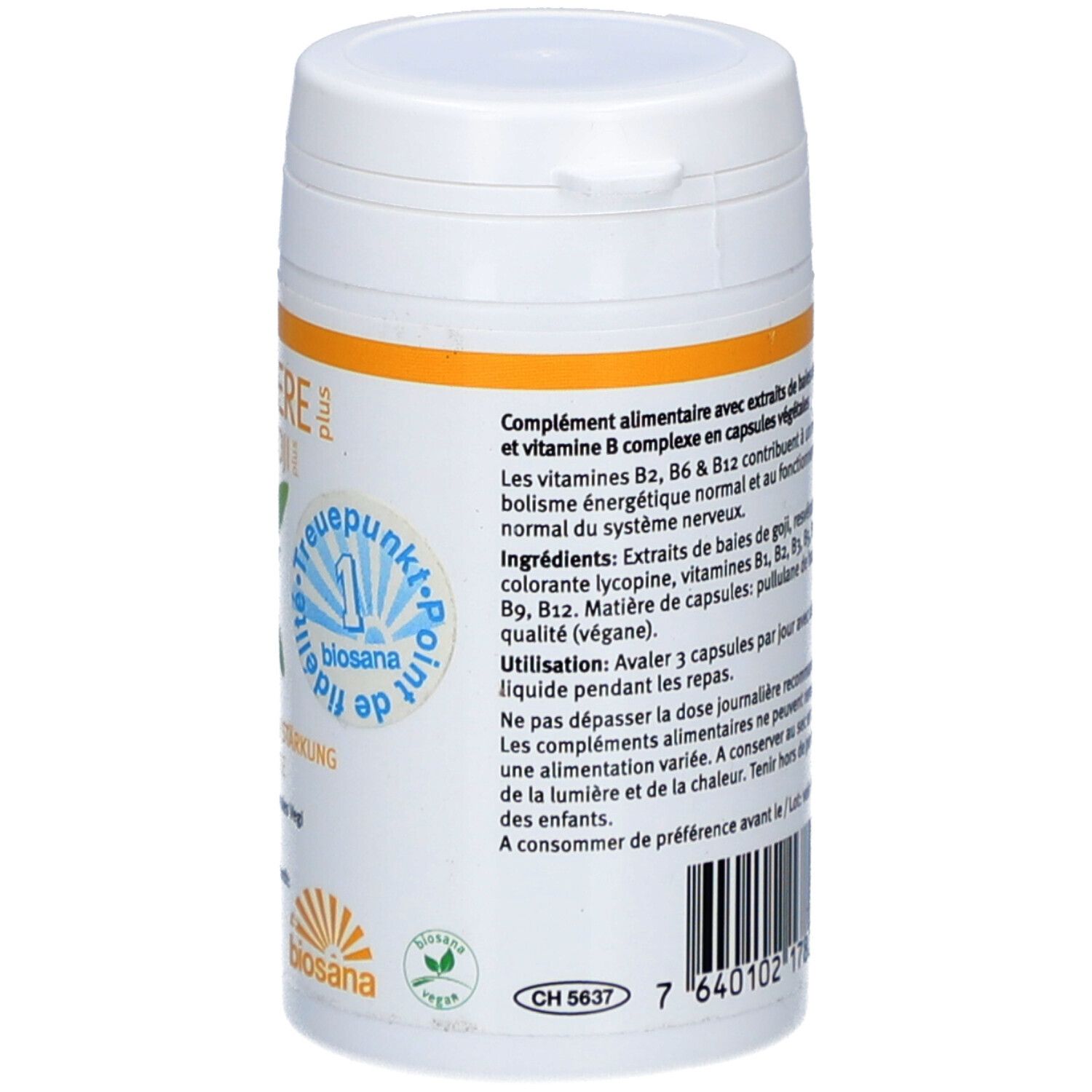 Dos de la boîte blanche. Texte en français. Ingrédients, informations nutritionnelles et instructions d'utilisation imprimées.