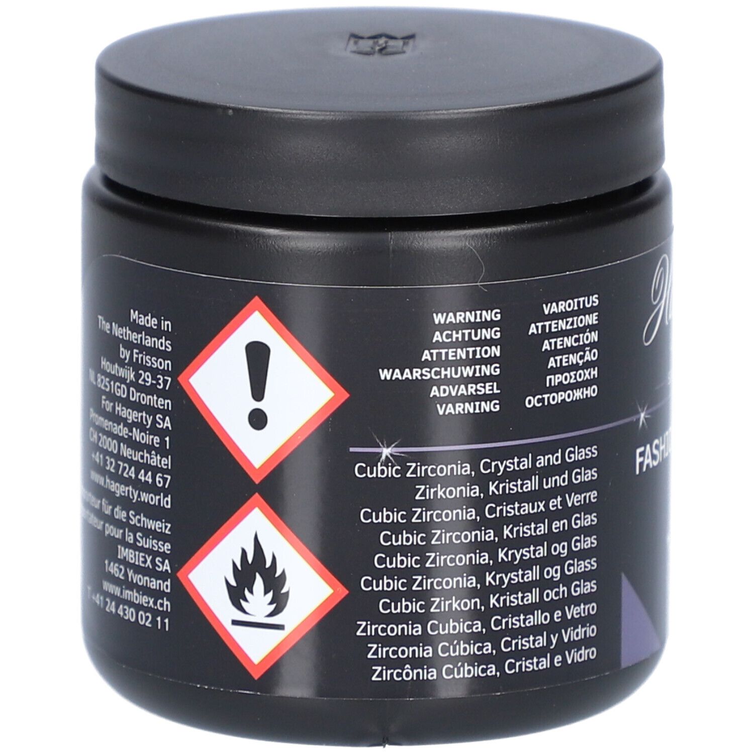 Schwarzes Gefäß mit Deckel. Warnhinweise und Text: Cubic Zirconia, Crystal and Glass.