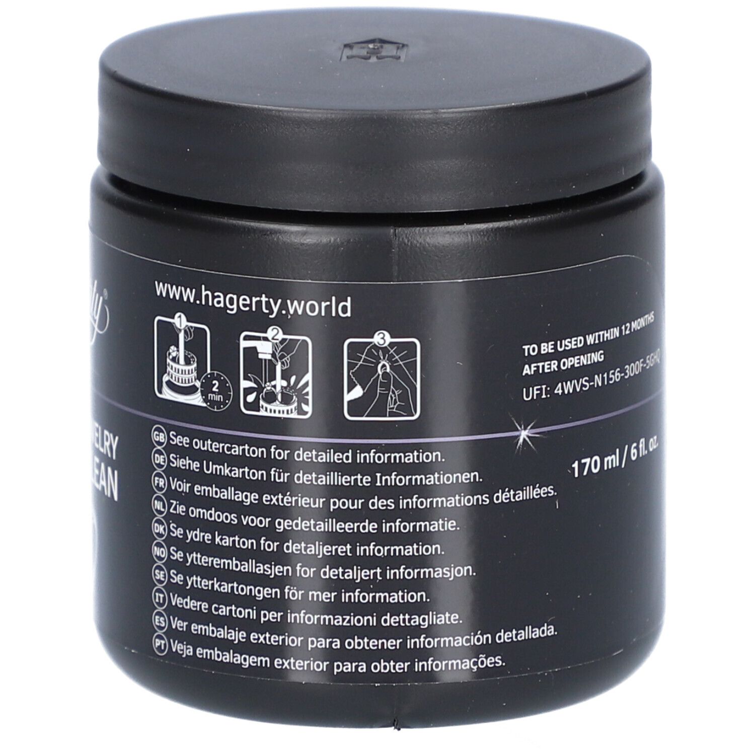 Schwarzes Gefäß mit Deckel.  Text: www.hagerty.world.  Anleitung mit Piktogrammen.