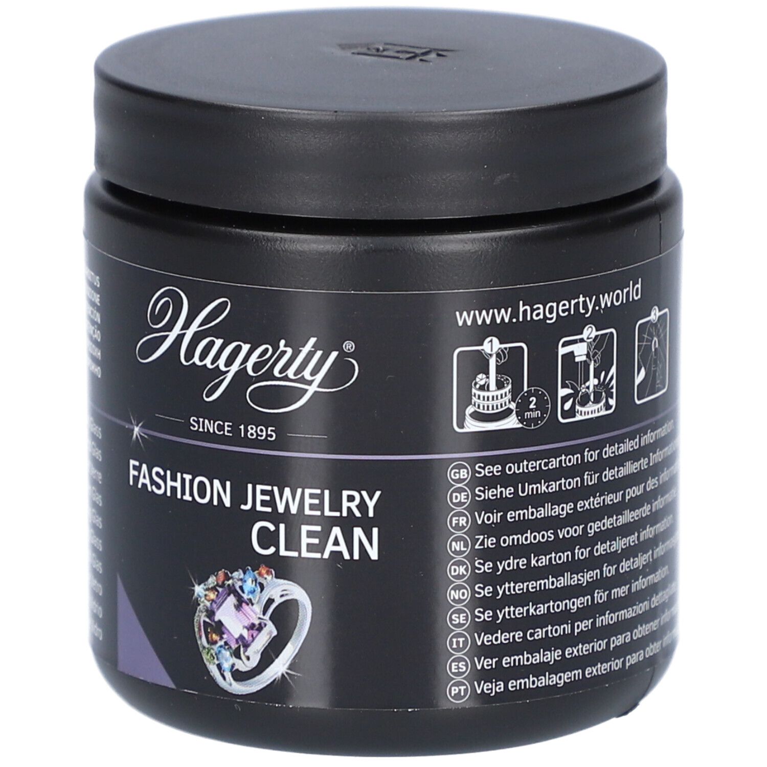 Schwarzes Gefäß mit Deckel. Aufschrift: Hagerty, Fashion Jewelry Clean. Abbildung eines Rings.