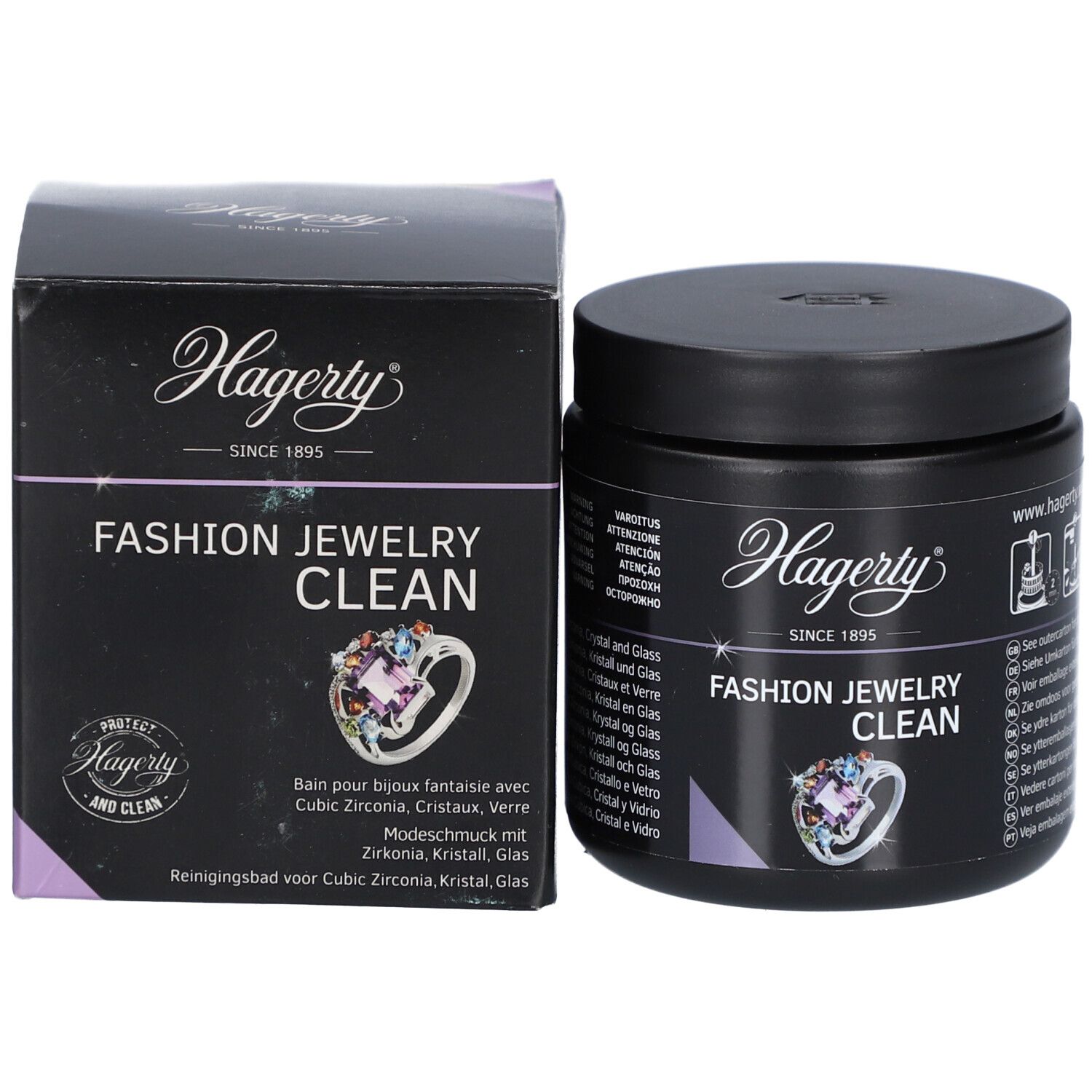 Schwarzes Gefäß und Schachtel. Aufschrift: Hagerty, Fashion Jewelry Clean. Abbildung eines Rings.