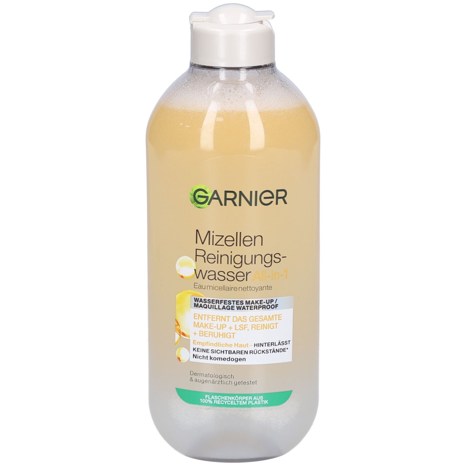 Klare Flasche mit gelblicher Flüssigkeit. Weißer Deckel. Aufschrift Garnier Mizellen Reinigunswasser. Text: Entfernt Make-up, reinigt, beruhigt.
