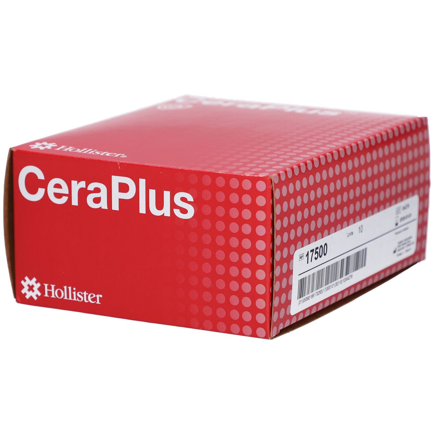 Boîte rouge "CeraPlus" et logo "Hollister". Inscriptions: numéro d'article, code-barres et "10 Stk".