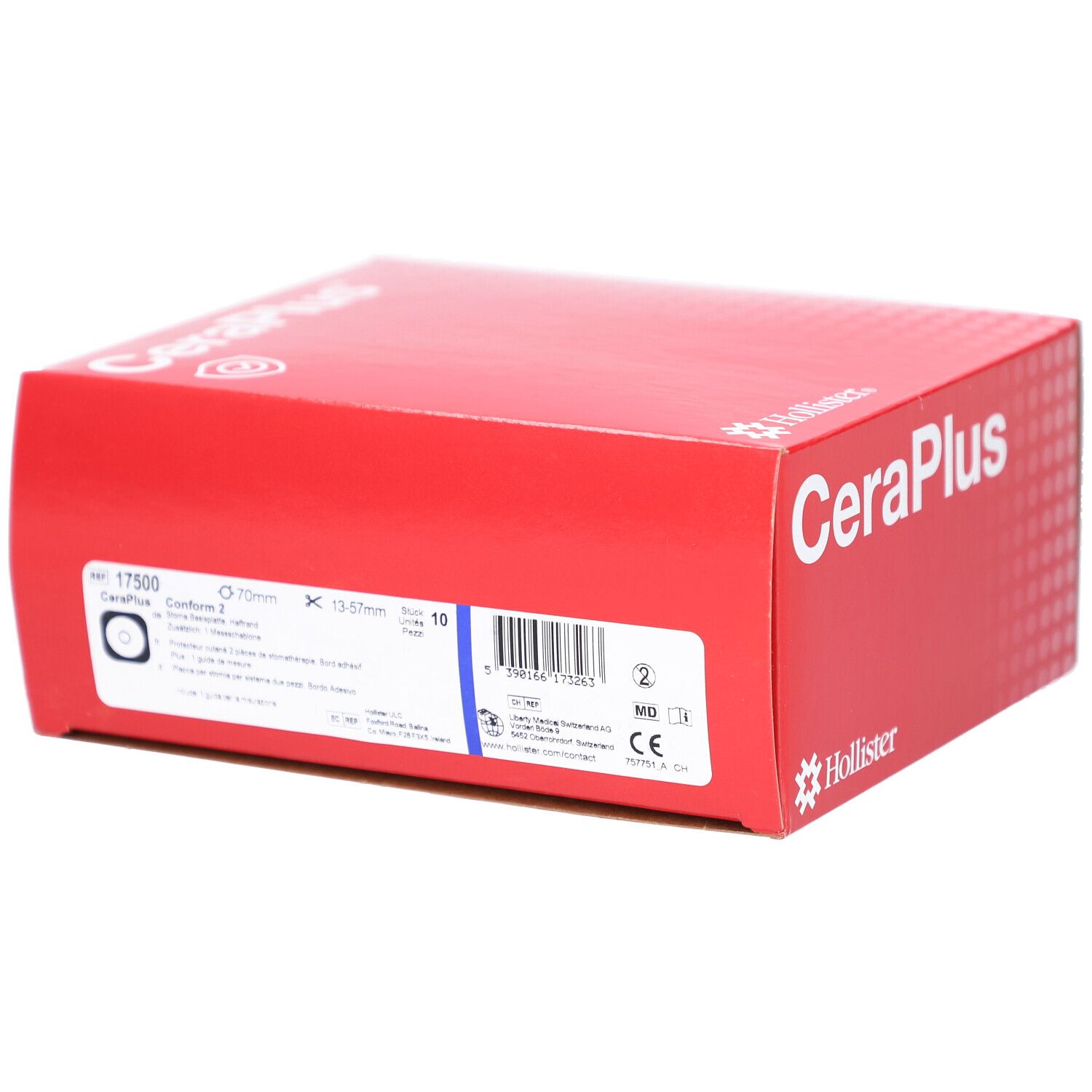 Boîte rouge "CeraPlus" et logo "Hollister". Inscriptions: numéro d'article, dimensions, code-barres et marquage CE.