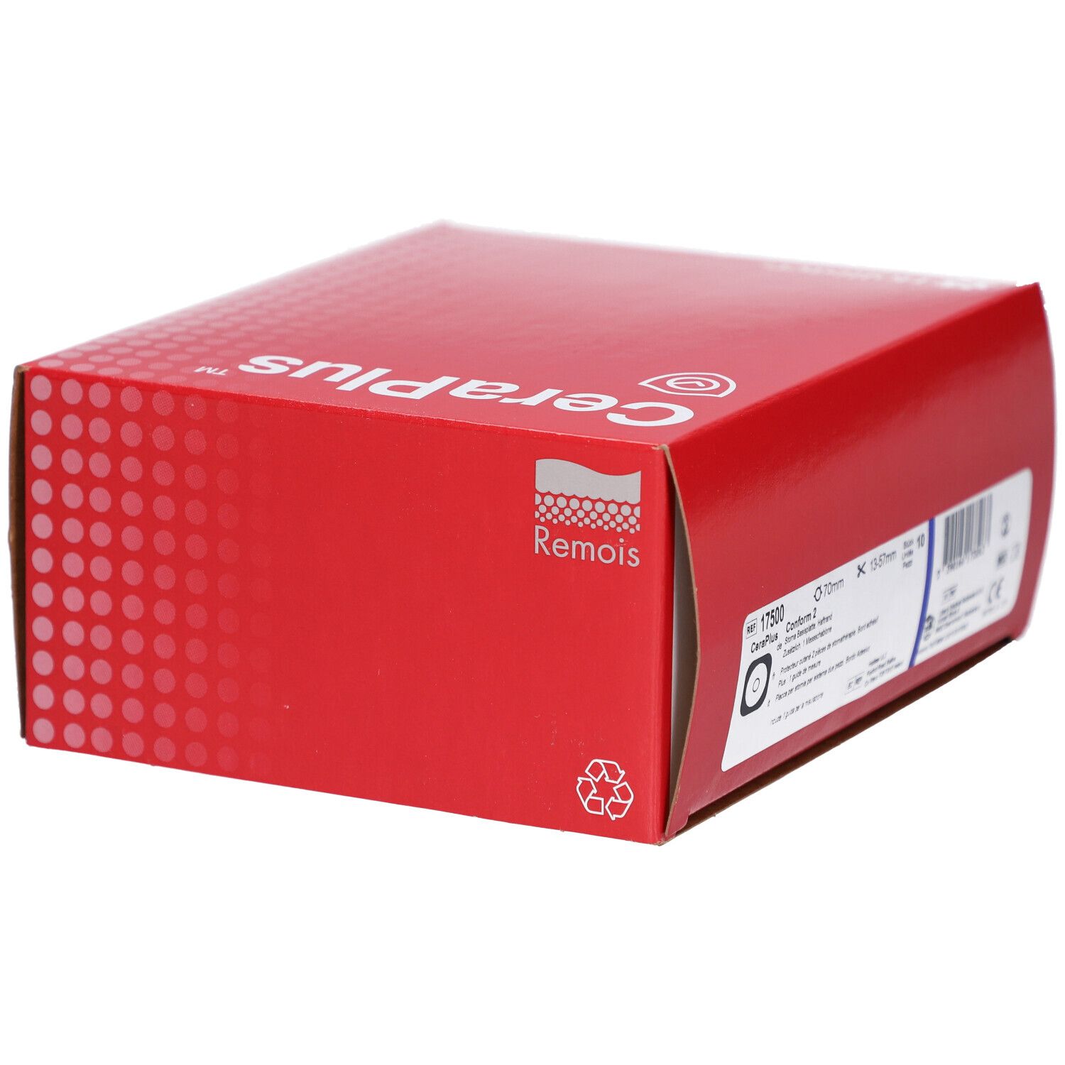 Boîte rouge "CeraPlus" et logo "Remois". Inscriptions: numéro d'article, dimensions et symbole de recyclage.