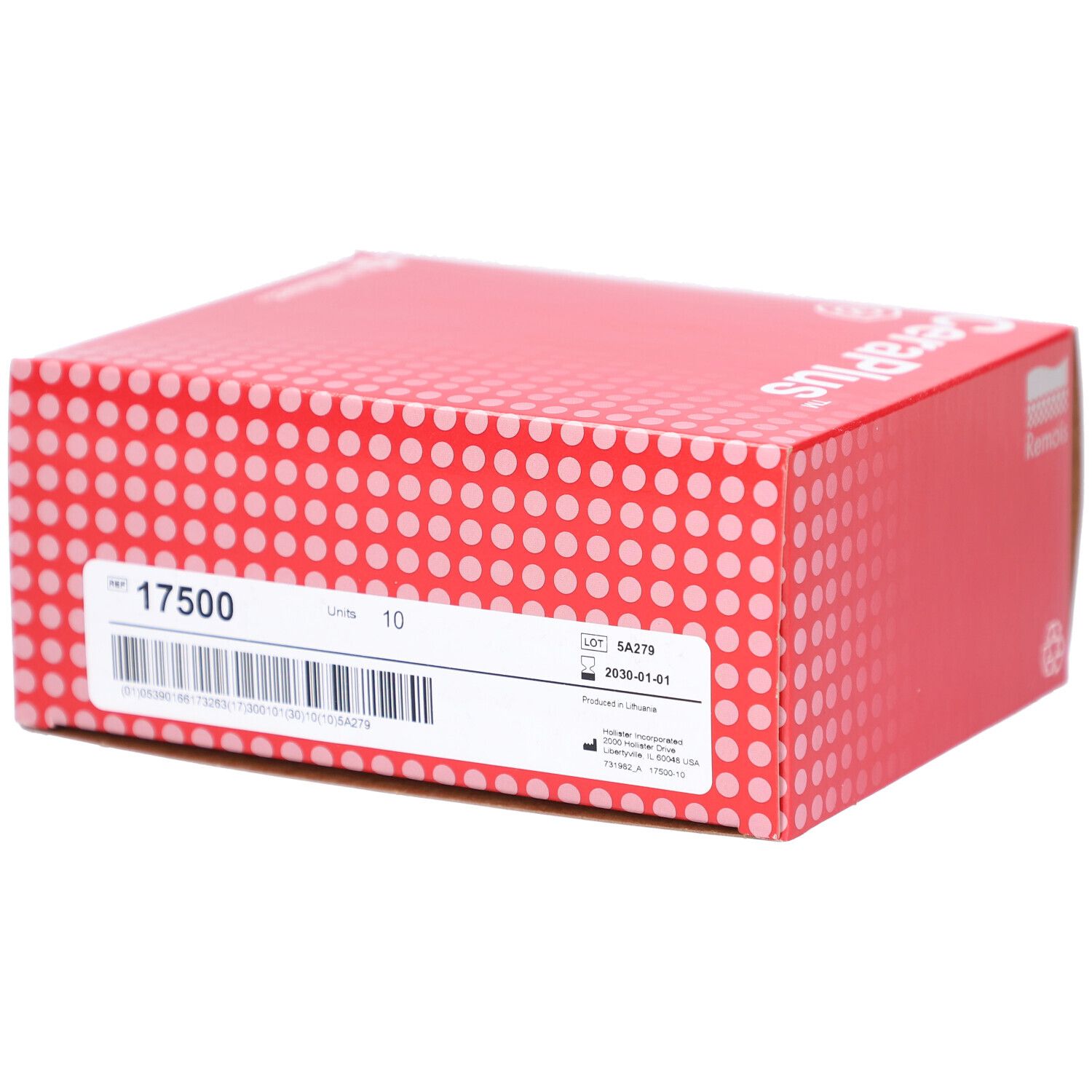 Boîte rouge "CeraPlus". Inscriptions: numéro d'article, "Units 10", code-barres et date de péremption.