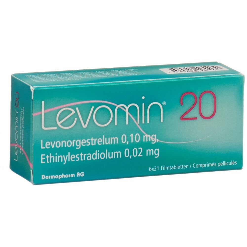 Grüne Schachtel mit "Levomin 20"-Aufdruck. Enthält Levonorgestrelum und Ethinylestradiolum. 6x21 Filmtabletten. Dermapharm AG.