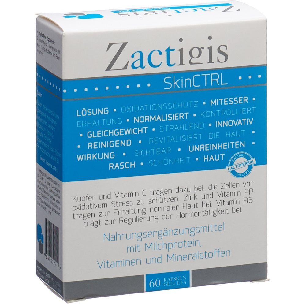 Zactigis SkinCTRL Verpackung mit 60 Kapseln. Enthält Kupfer, Vitamin C, Zink, Vitamin PP und B6.