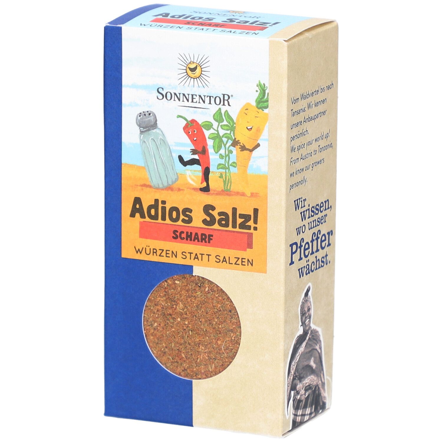 Boîte de SONNENTOR Adios Salz! Scharf Gemüse BIO. Produit visible à travers une fenêtre ronde. Logo et nom du produit visibles.