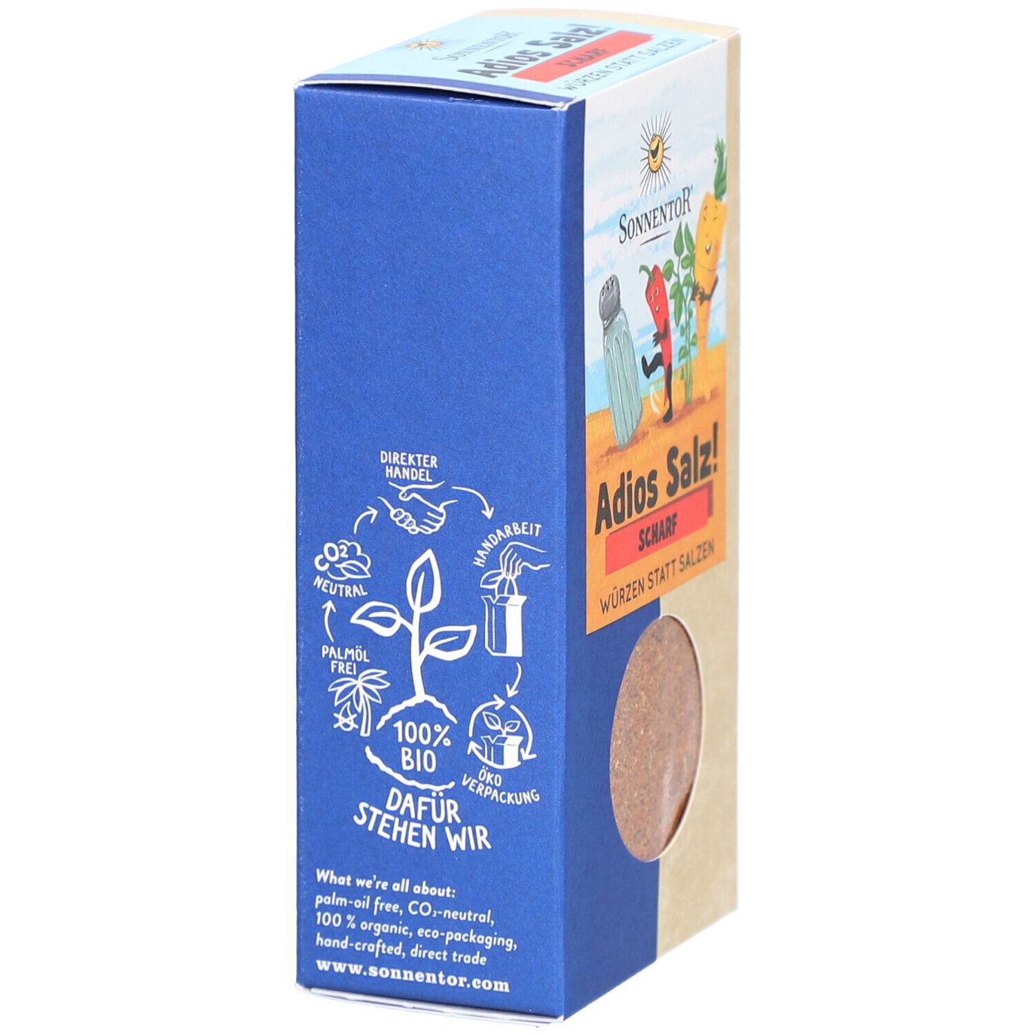 Vue latérale de l'emballage SONNENTOR Adios Salz! Scharf Gemüse BIO. Texte et logos sur fond bleu et beige. Label 100% BIO.
