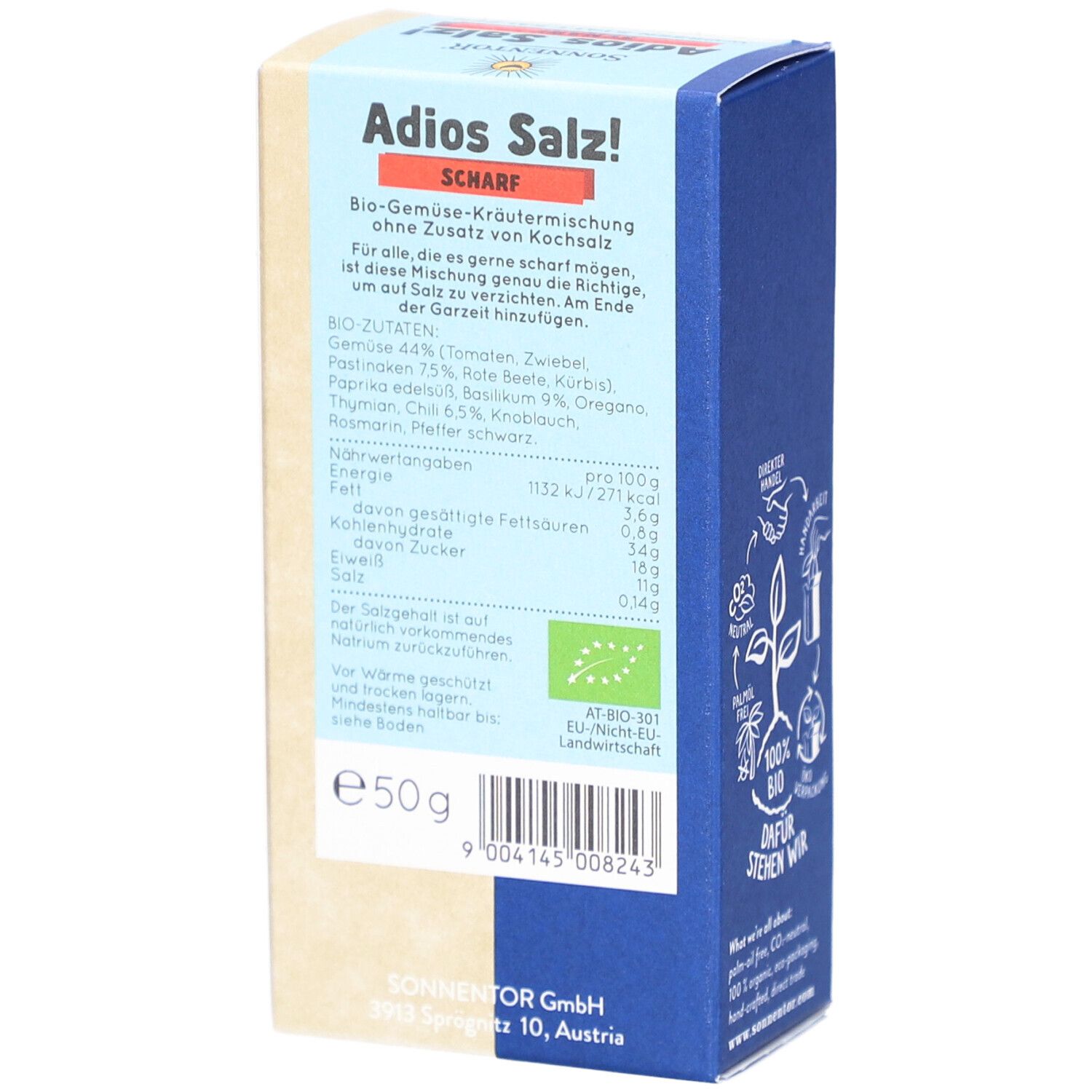 Dos de l'emballage SONNENTOR Adios Salz! Scharf Gemüse BIO. Liste des ingrédients, informations nutritionnelles et label BIO. Indication 50g.