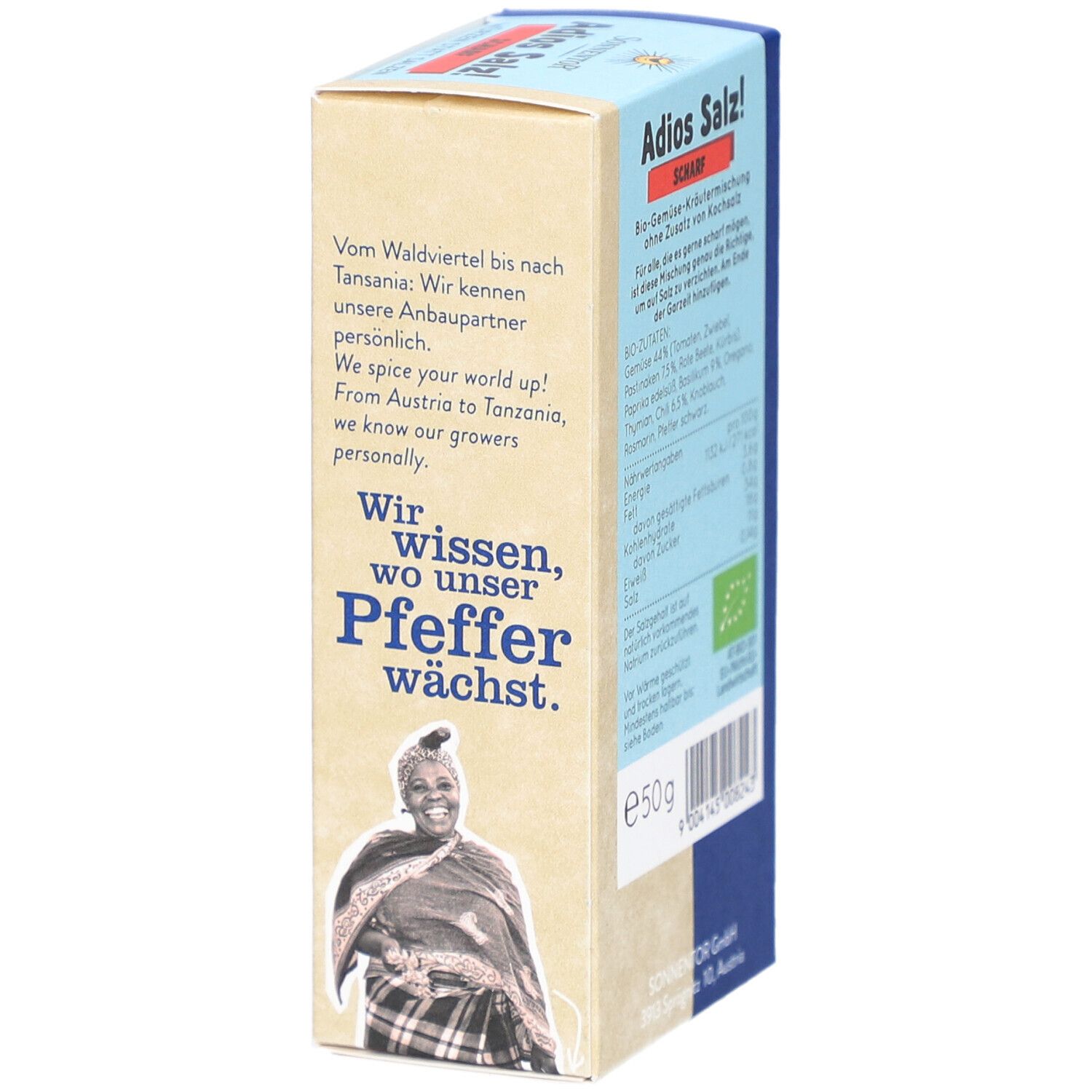 Vue latérale de l'emballage SONNENTOR Adios Salz! Scharf Gemüse BIO. Texte sur les partenaires agricoles et label BIO. Indication 50g.