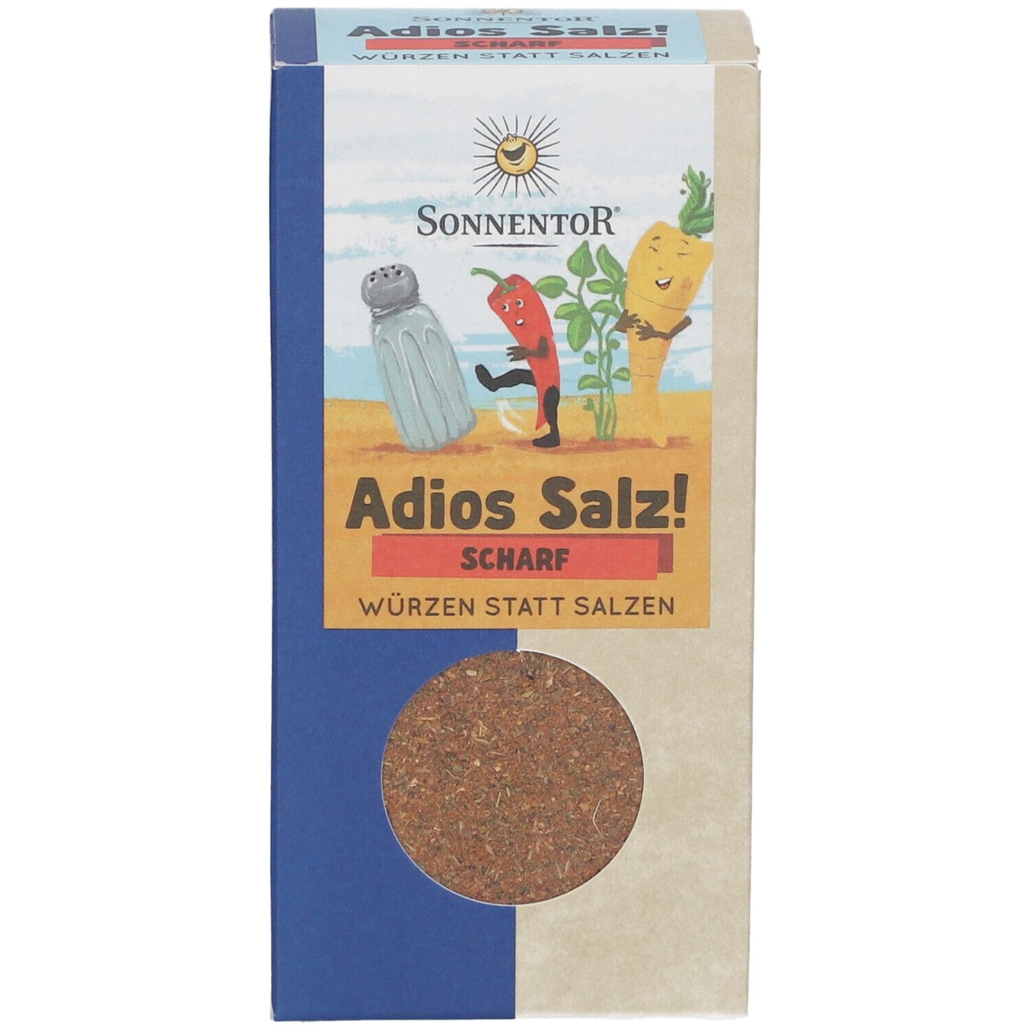 Emballage SONNENTOR Adios Salz! Scharf Gemüse BIO. Vue de face avec logo, nom du produit et fenêtre ronde montrant le produit.