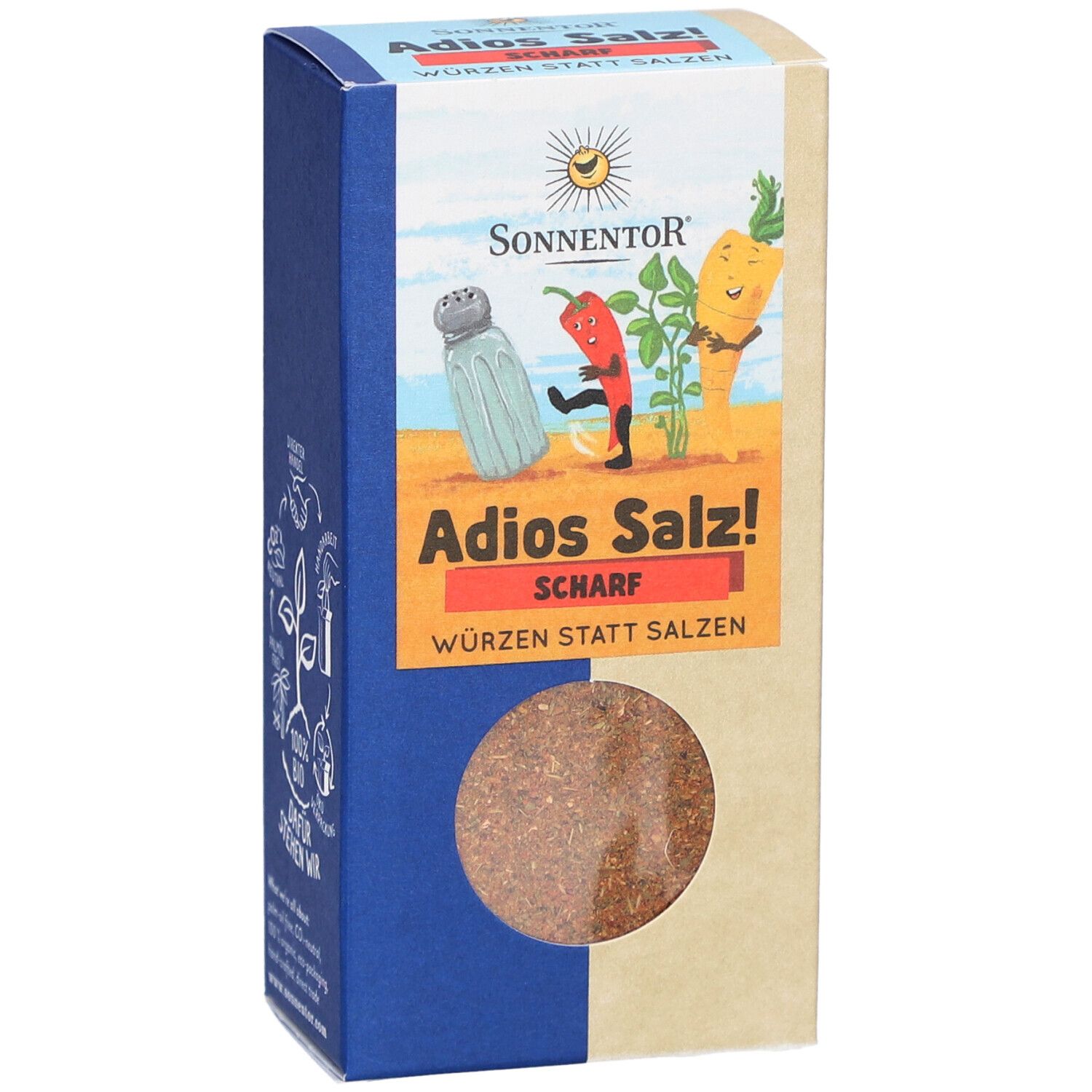 Emballage SONNENTOR Adios Salz! Scharf Gemüse BIO. Vue en biais avec logo, nom du produit et fenêtre ronde montrant le produit.