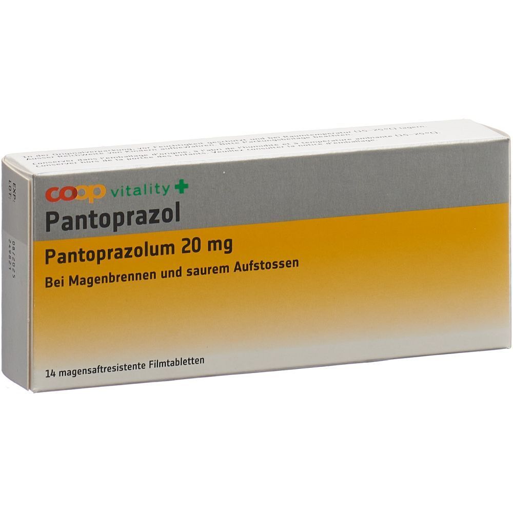 Schachtel mit COOP VITALITY Pantoprazol Filmtabl. 20 mg. Aufschrift: Pantoprazolum 20 mg, 14 magensaftresistente Filmtabletten. Gelb-graue Farbgebung.