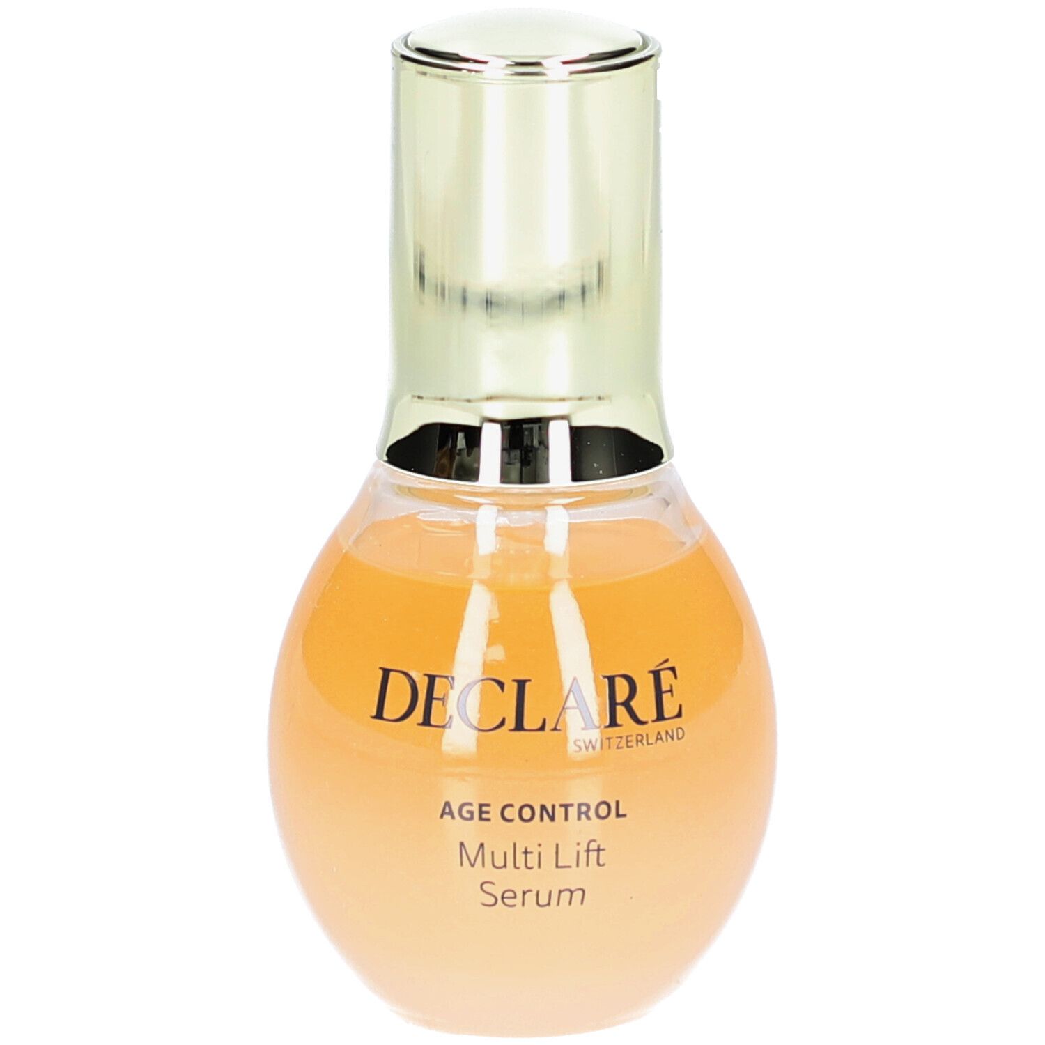 Deklaré Age Control Multi Lift Serum. Flasche mit goldfarbenem Deckel. Flüssigkeit in Gelb-Orange.