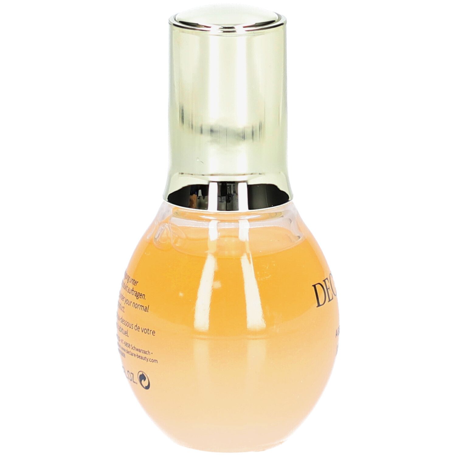 Deklaré Age Control Multi Lift Serum. Rückseite der Flasche mit Text. Gelb-orange Flüssigkeit.