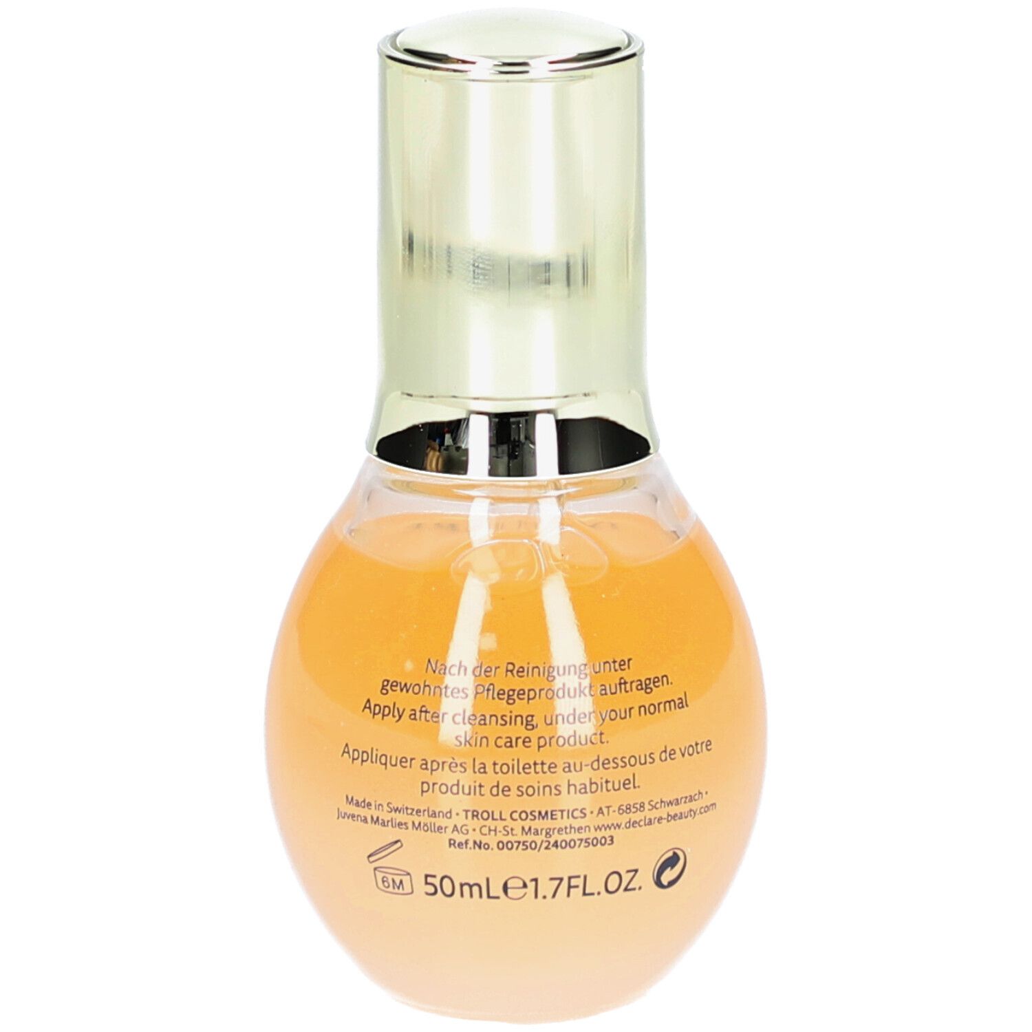 Deklaré Age Control Multi Lift Serum. Rückseite der Flasche mit Text. Gelb-orange Flüssigkeit.