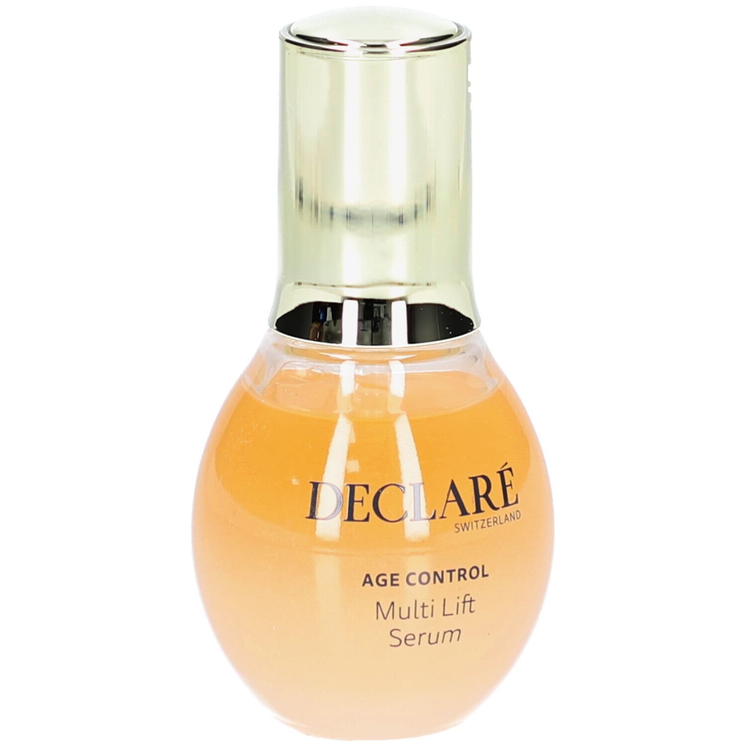 Deklaré Age Control Multi Lift Serum. Flasche mit goldfarbenem Deckel. Gelb-orange Flüssigkeit.