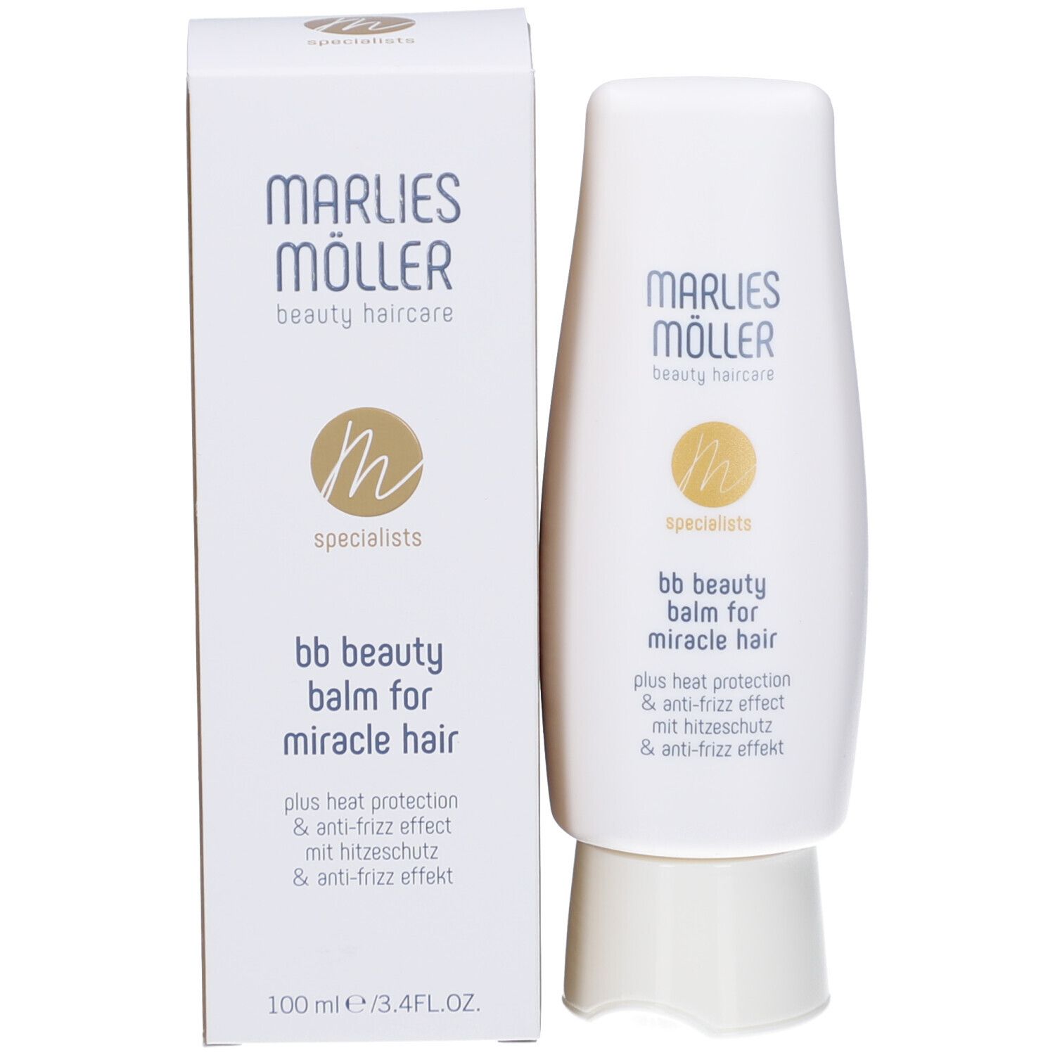 Produkt und Verpackung. Marke: Marlies Möller. Text: bb beauty balm for miracle hair. Mit Hitzeschutz & Anti-Frizz.