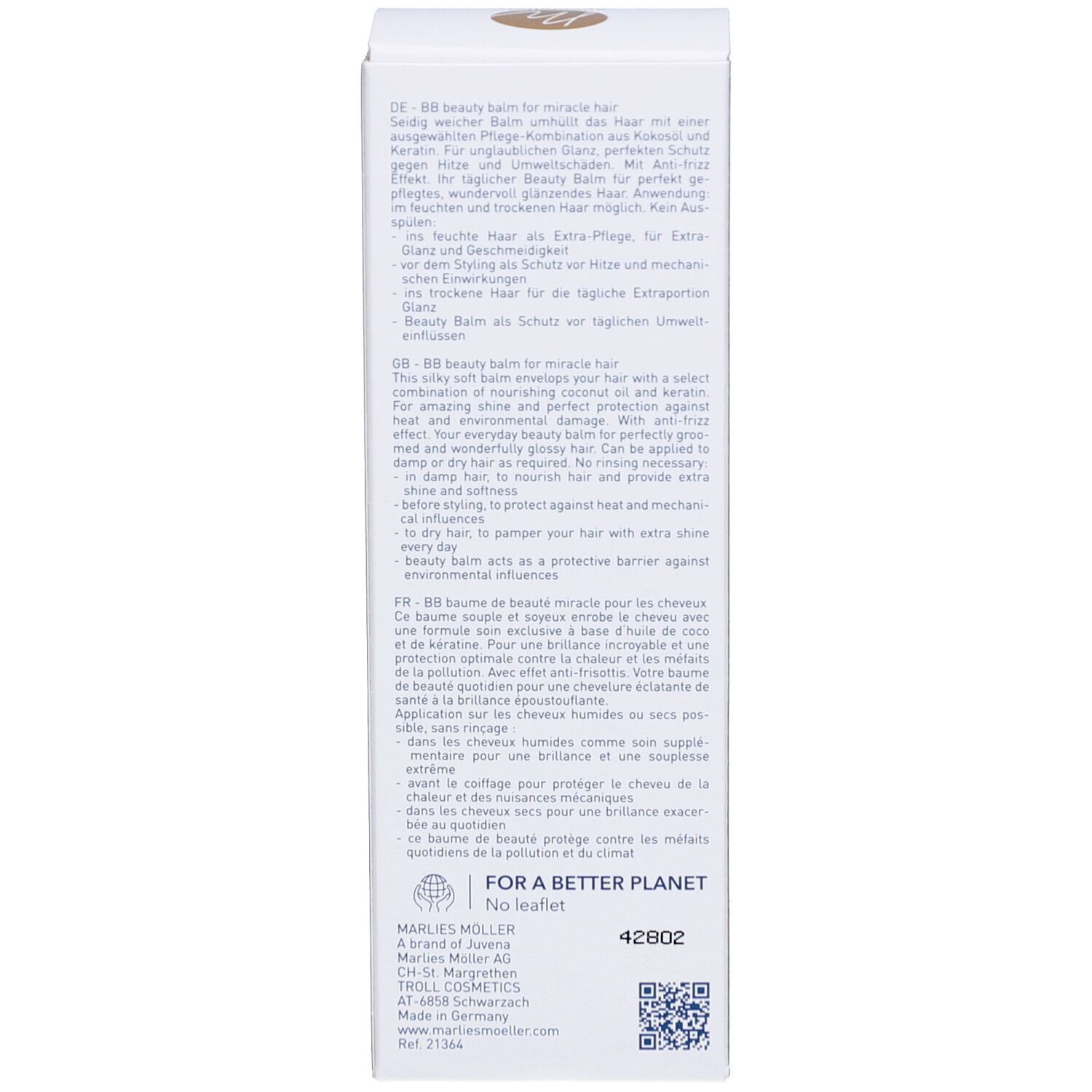 Verpackung, Rückseite. Text in mehreren Sprachen. Text: bb beauty balm for miracle hair.