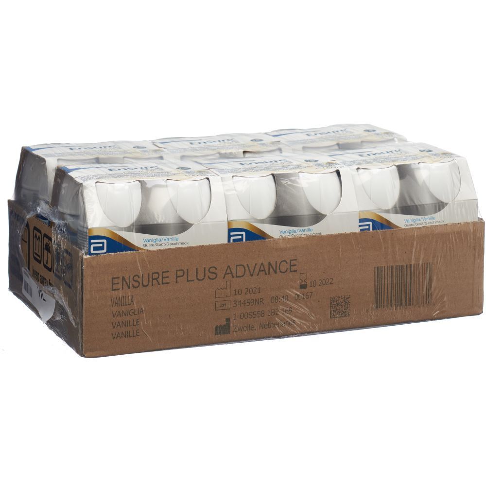 Karton mit 12 Flaschen Ensure Plus Advance Vanille.