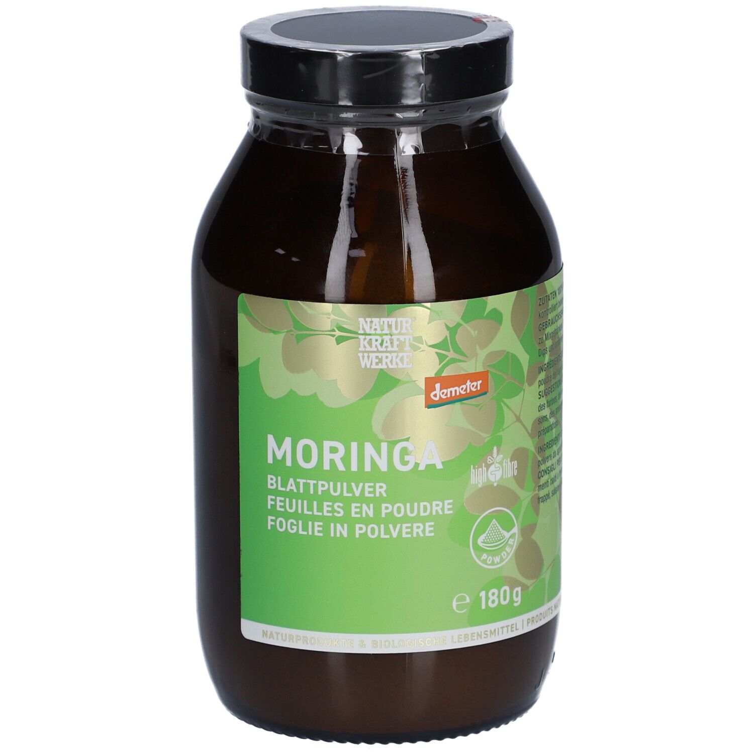 Braune Glasflasche mit schwarzem Deckel. Etikett mit "Moringa Blattpulver" und "Demeter"-Logo. Inhalt: 180g.