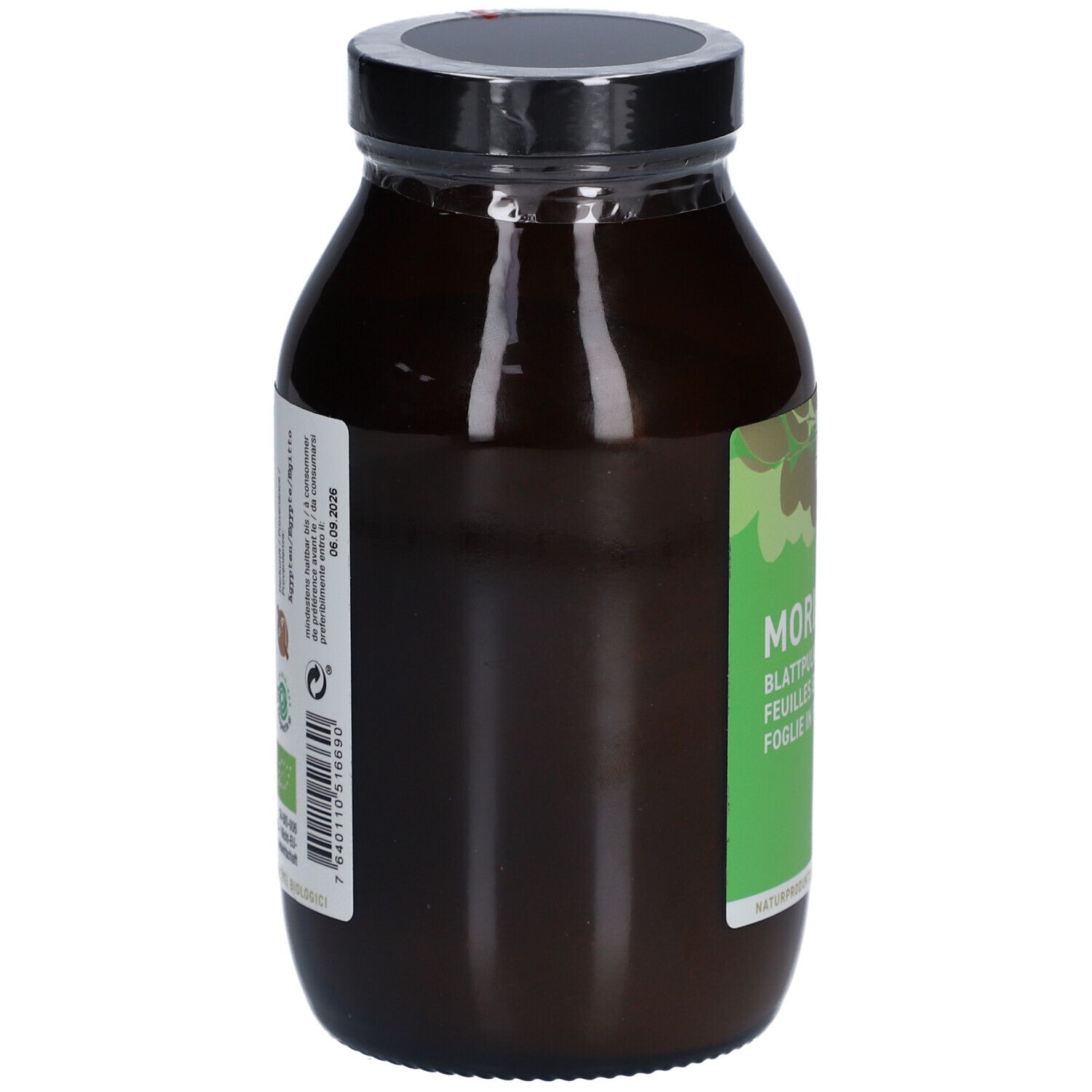 Braune Glasflasche mit schwarzem Deckel. Seitenansicht mit Etikett. Rückseite mit Informationen und Barcode.