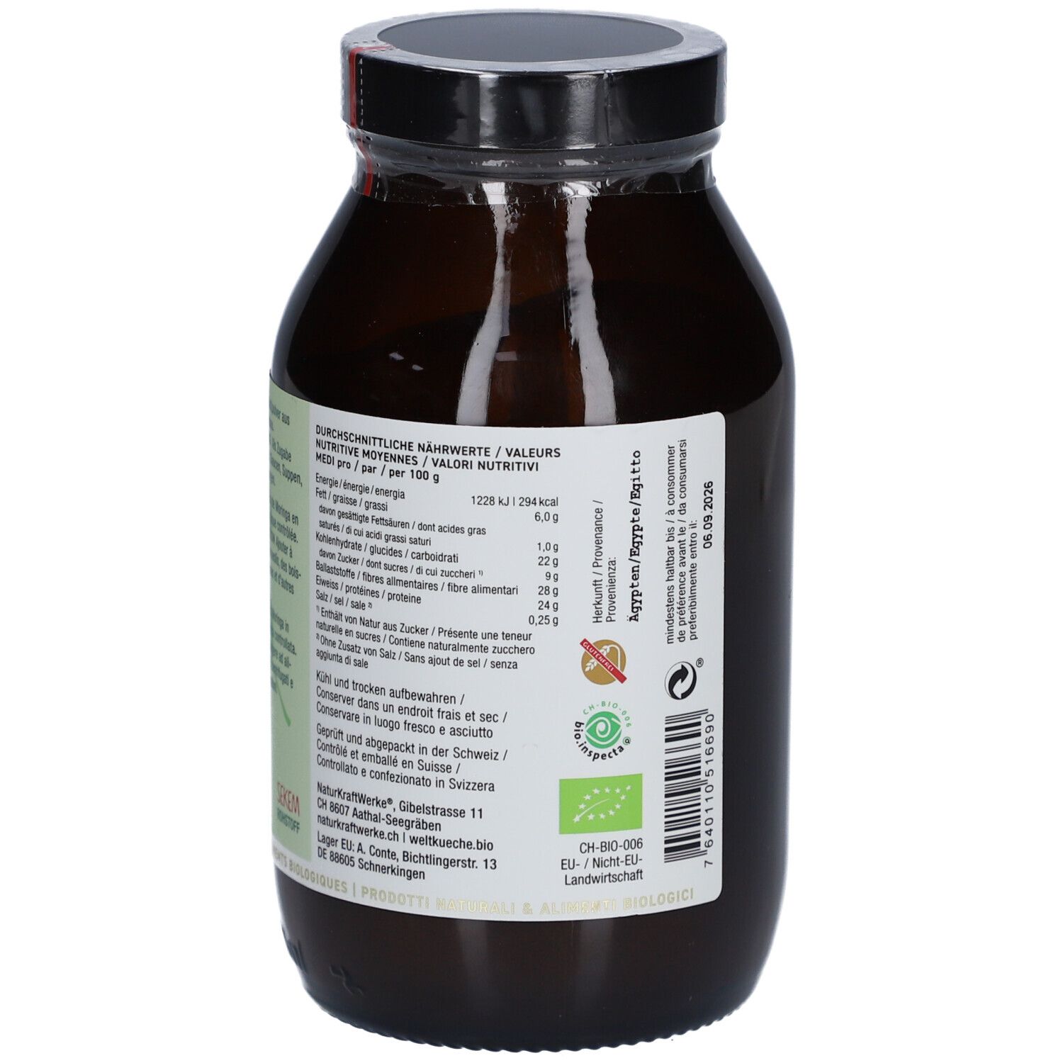 Flacon en verre brun avec couvercle noir. Dos avec étiquette, texte et informations nutritionnelles. Sceau Demeter et numéro de lot.