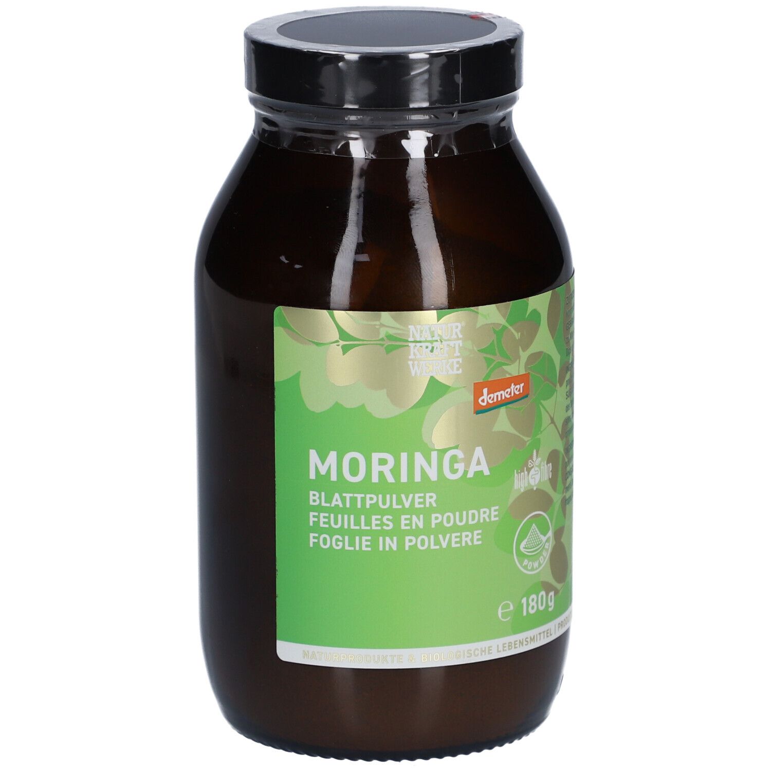 Braune Glasflasche mit schwarzem Deckel. Etikett mit "Moringa Blattpulver" und "Demeter"-Logo. Inhalt: 180g.