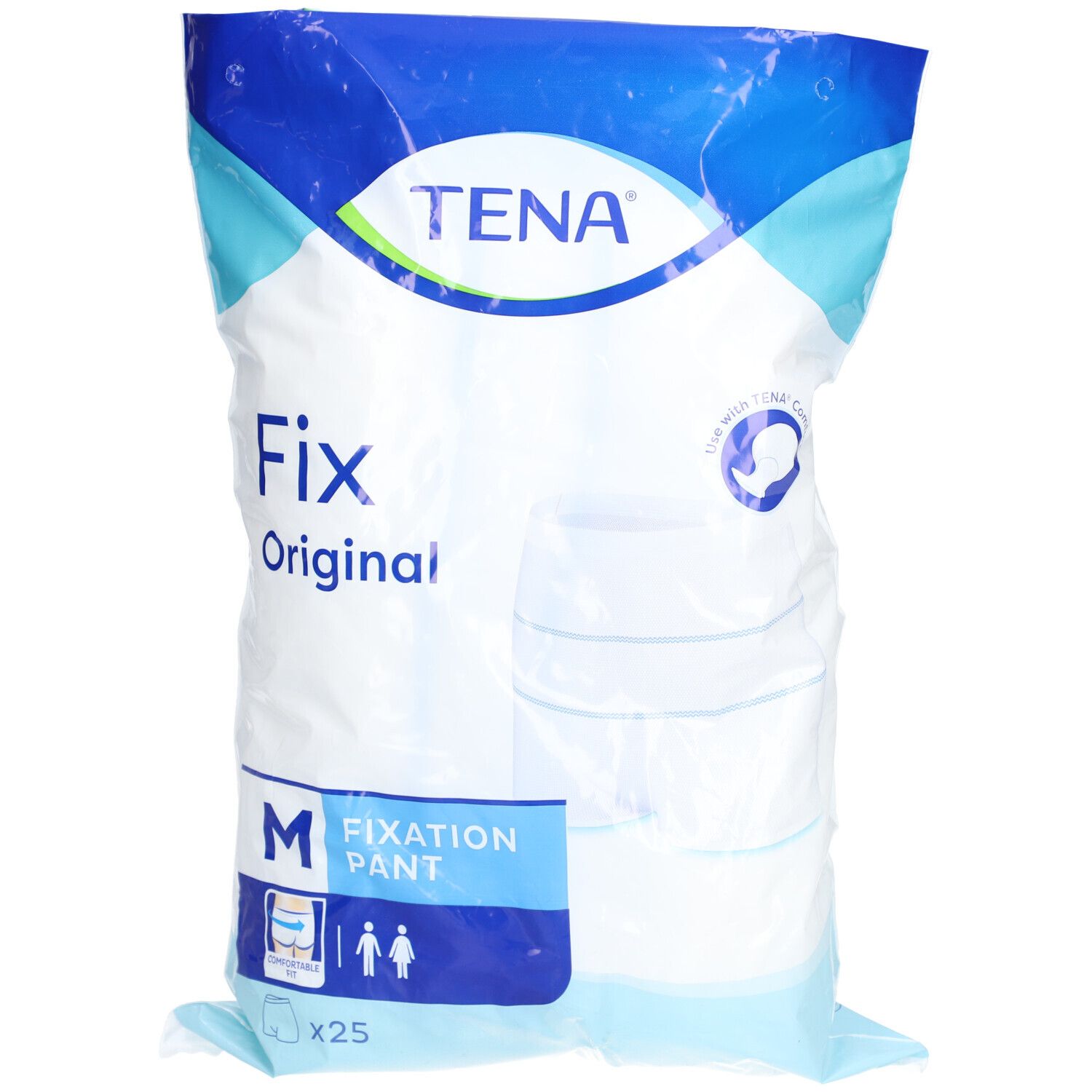 Emballage TENA Fix Original taille M. Sac bleu et blanc avec nom du produit et taille M. Contient 25 pièces.