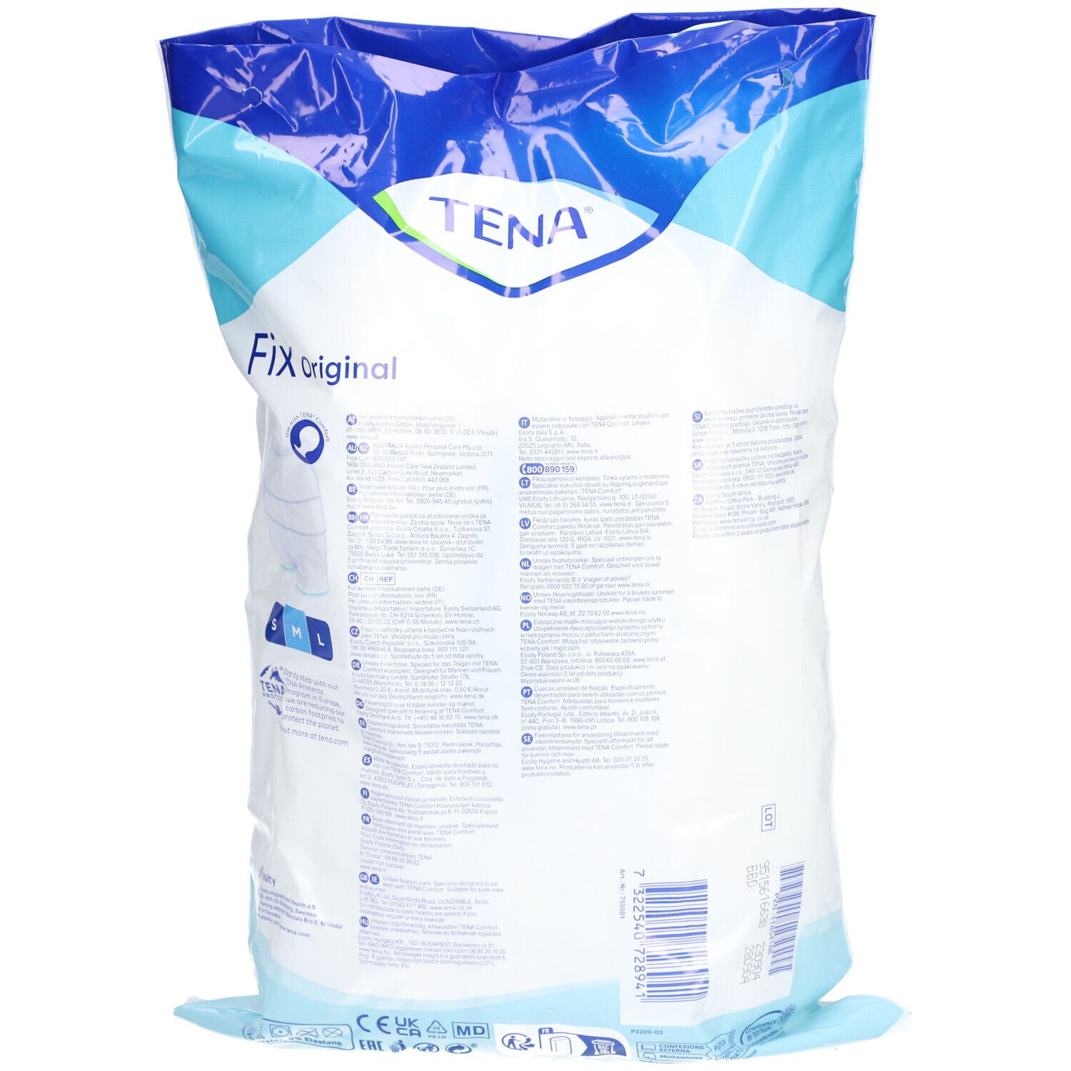 Dos de l'emballage TENA Fix Original. Texte en plusieurs langues. Indications de taille L, M, S. Marquage CE.