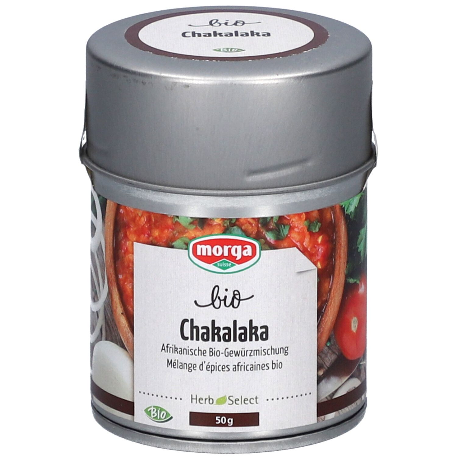 Mélange d'épices en boîte. Inscription : bio Chakalaka, Morga. 50g. Label bio.