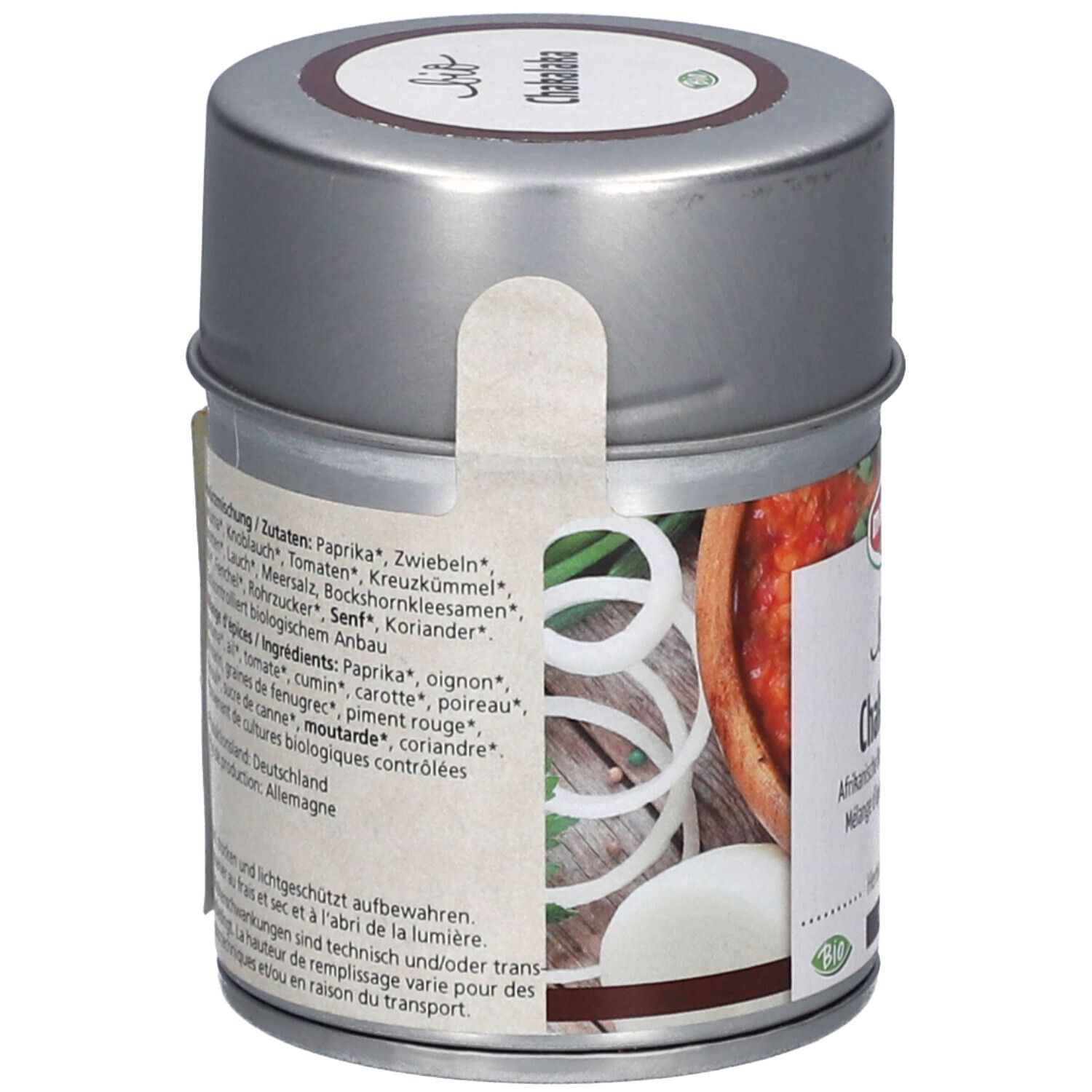 Boîte de mélange d'épices. Liste des ingrédients et label bio. Informations au dos.