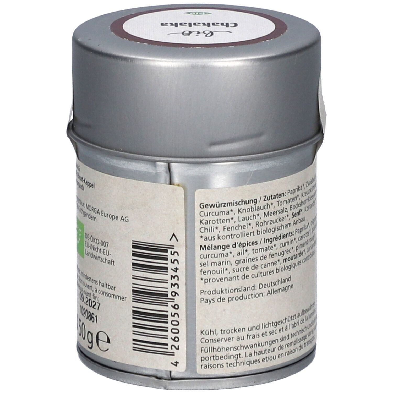 Boîte de mélange d'épices. Liste des ingrédients, label bio et informations fabricant.