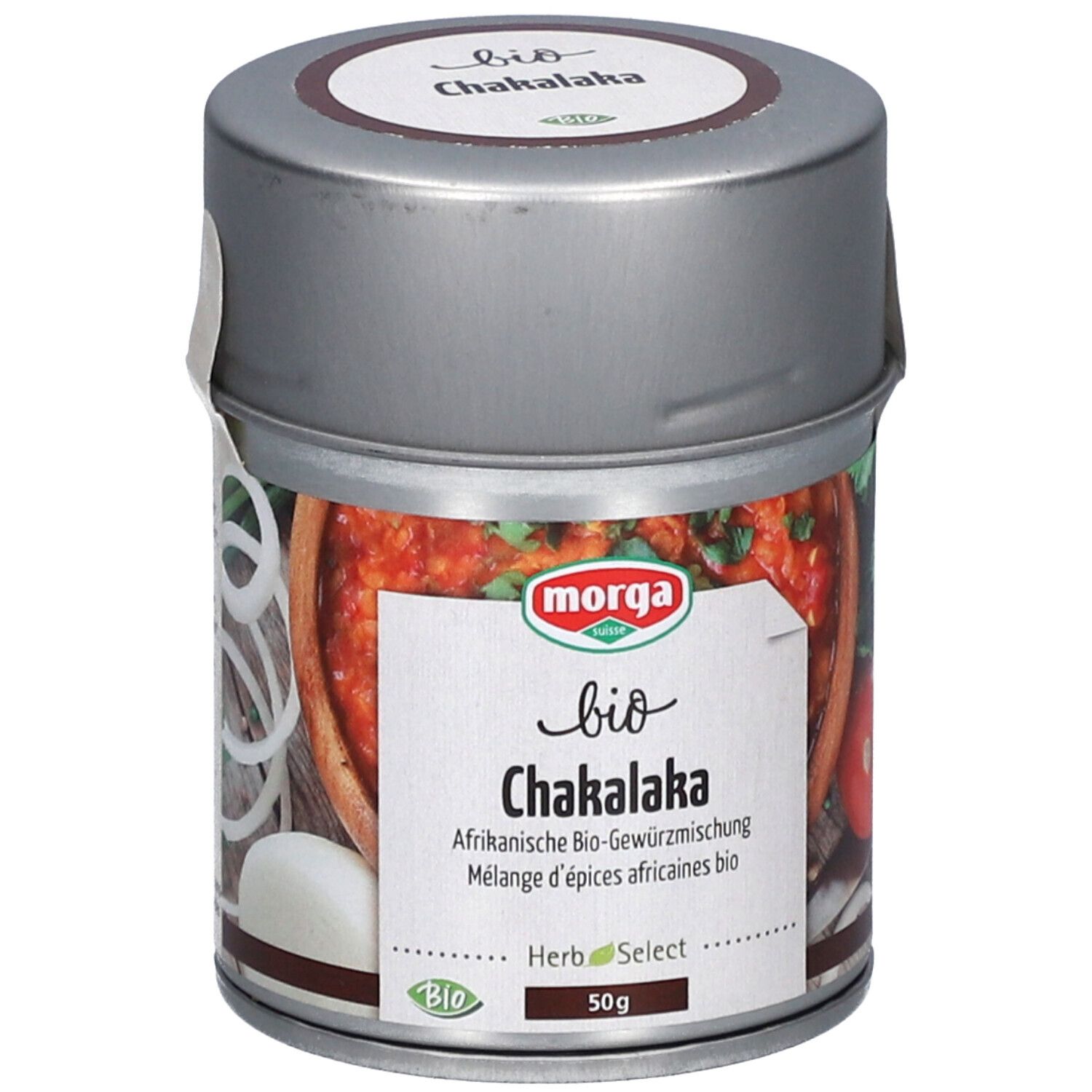 Mélange d'épices en boîte. Inscription : bio Chakalaka, Morga. 50g. Label bio.