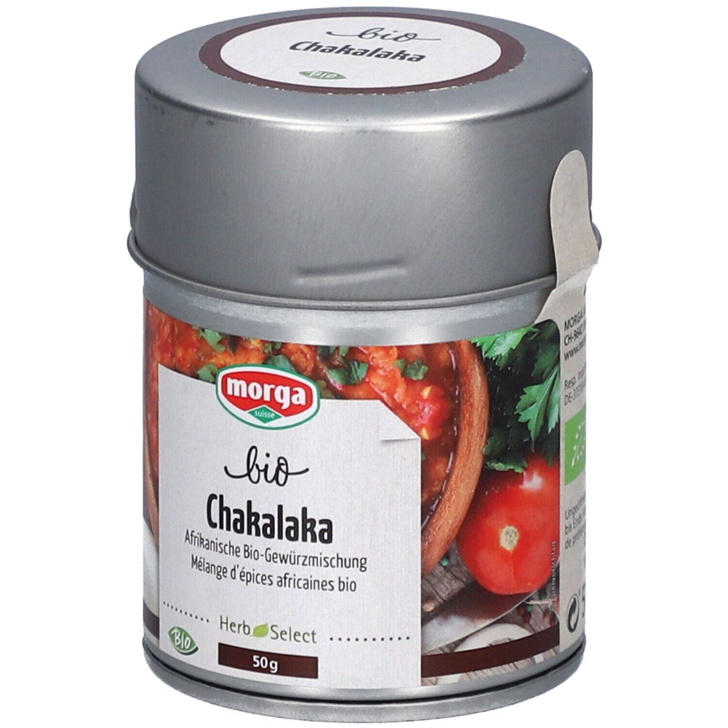 Mélange d'épices en boîte. Inscription : bio Chakalaka, Morga. 50g. Label bio.