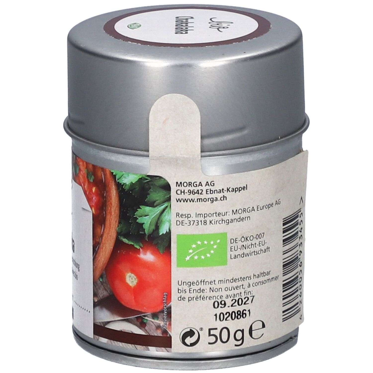 Boîte de mélange d'épices. Inscription : bio Chakalaka, Morga. 50g. DDM 09.2027.