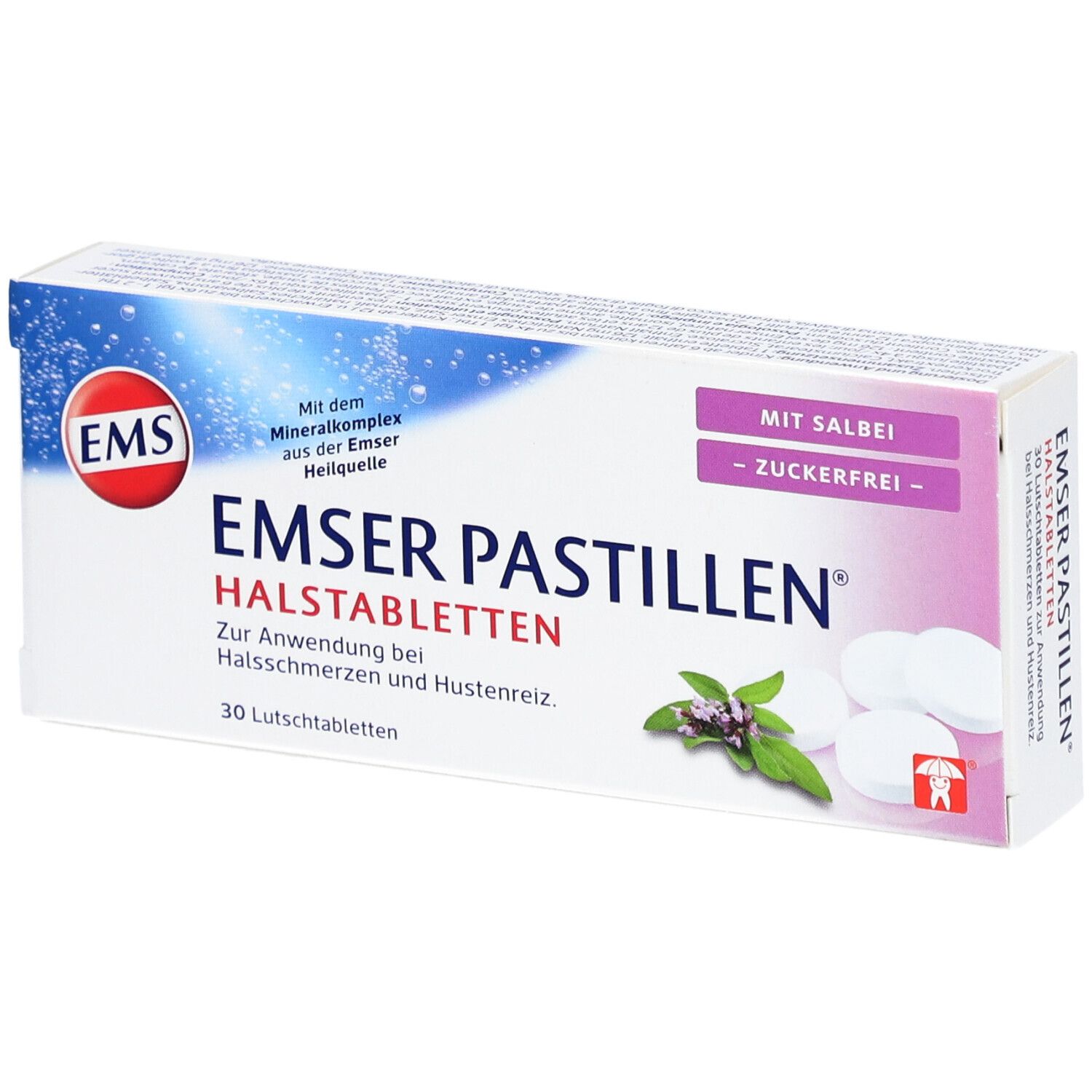 Schachtel mit Emser Pastillen, 30 Lutschtabletten. Aufdruck: Mit Salbei, zuckerfrei. Logo: EMS.