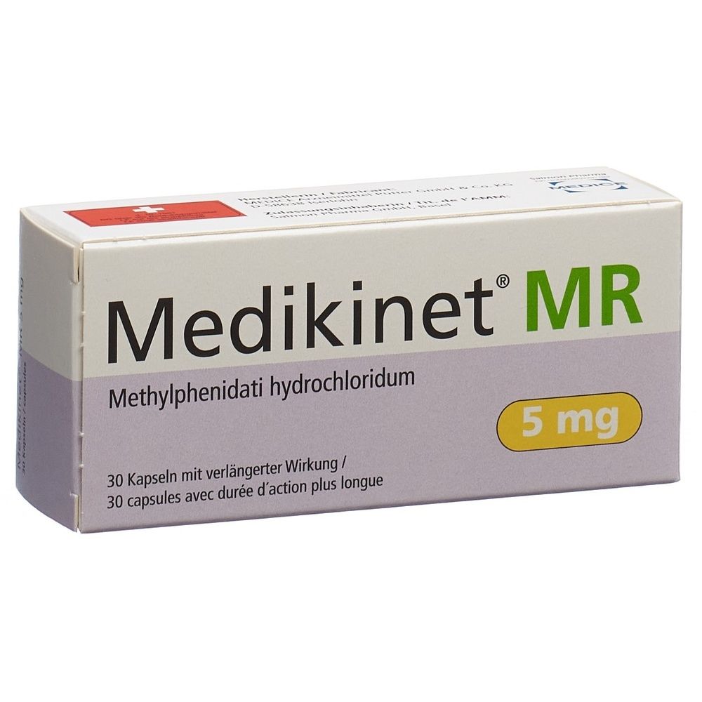 Karton von Medikinet MR. Weiß-graue Verpackung mit roter und grüner Schrift. Aufschrift: Medikinet MR 5 mg.