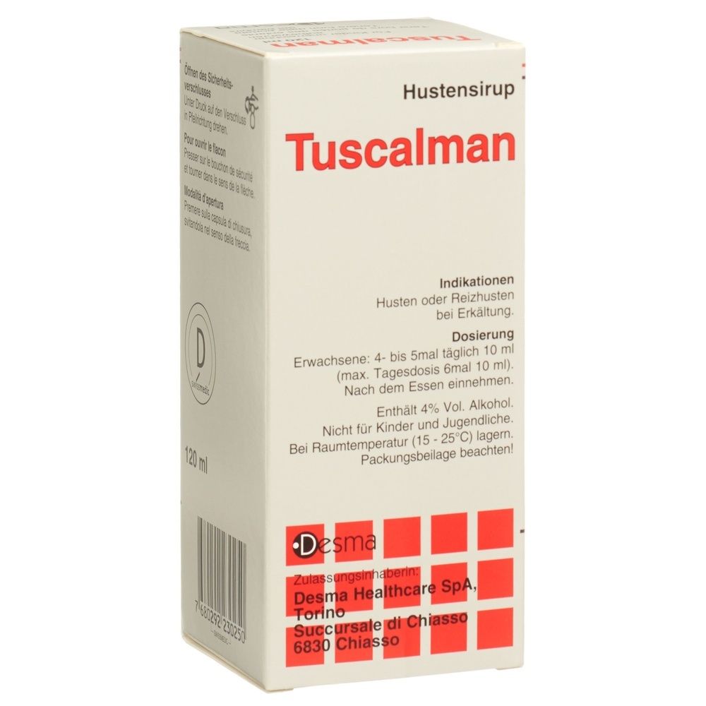Karton mit Hustensirup. Aufschrift: Tuscalman. Enthält Informationen zu Dosierung und Inhaltsstoffen.