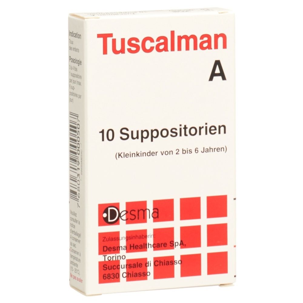 Schachtel mit "Tuscalman A", 10 Zäpfchen. Aufschrift: "(Kleinkinder von 2 bis 6 Jahren)". Logo "Desma".