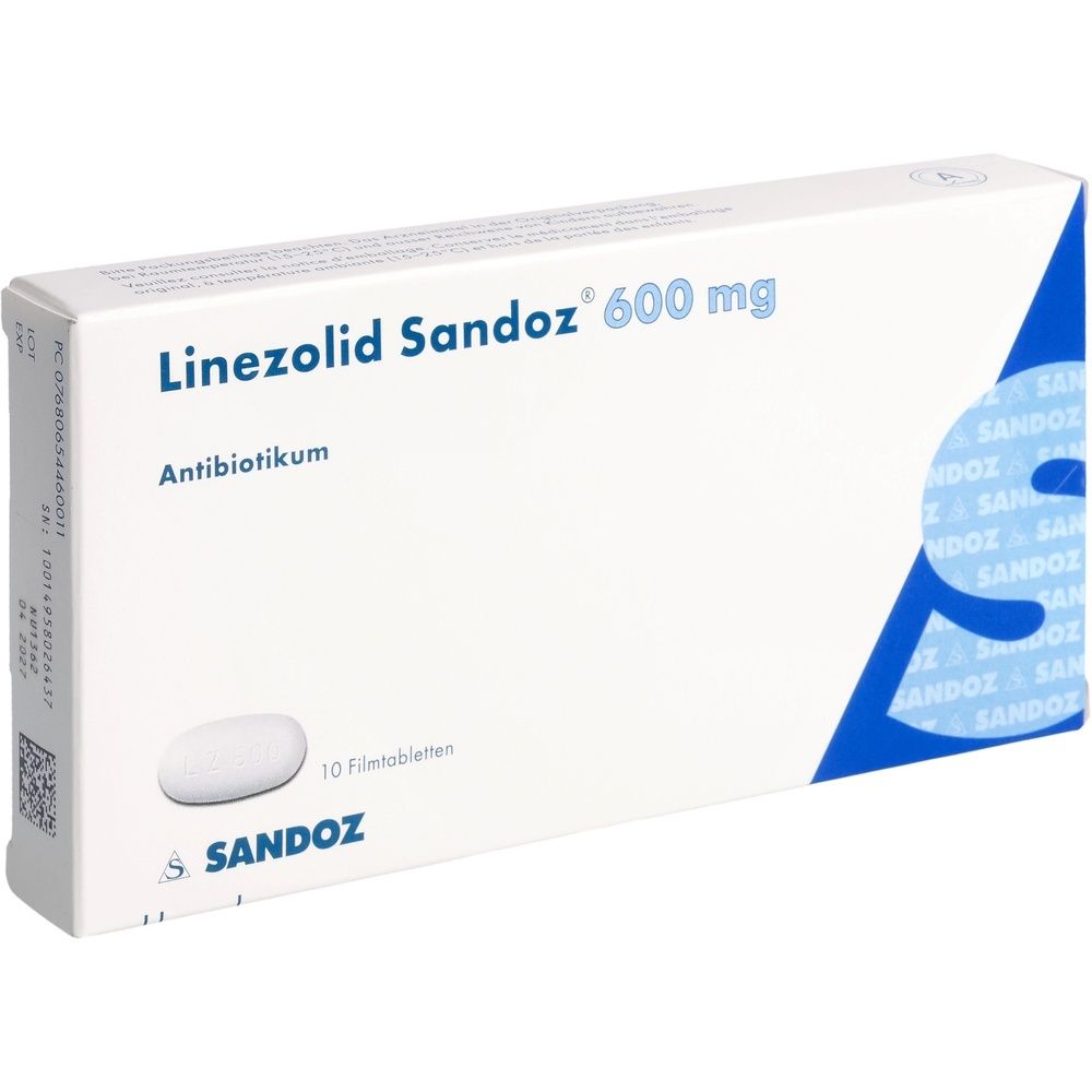 Weiße Schachtel mit blauer Grafik. Aufschrift: Linezolid Sandoz 600 mg, Antibiotikum, 10 Filmtabletten. Marke: Sandoz. Eine Tablette sichtbar.