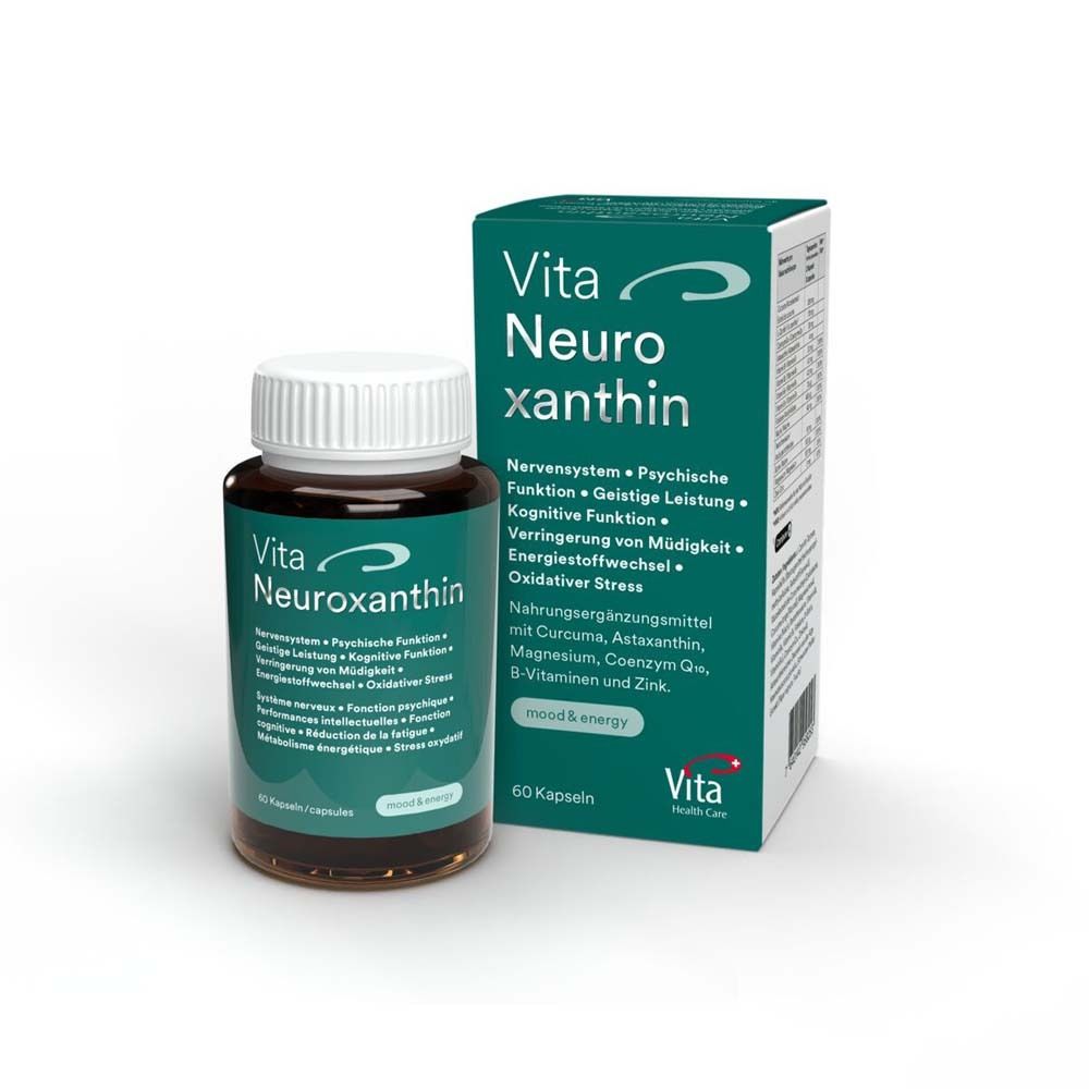 Braune Flasche und Schachtel Vita Neuroxanthin®. Text: Nervensystem, psychische Funktion, kognitive Funktion, etc. 60 Kapseln.