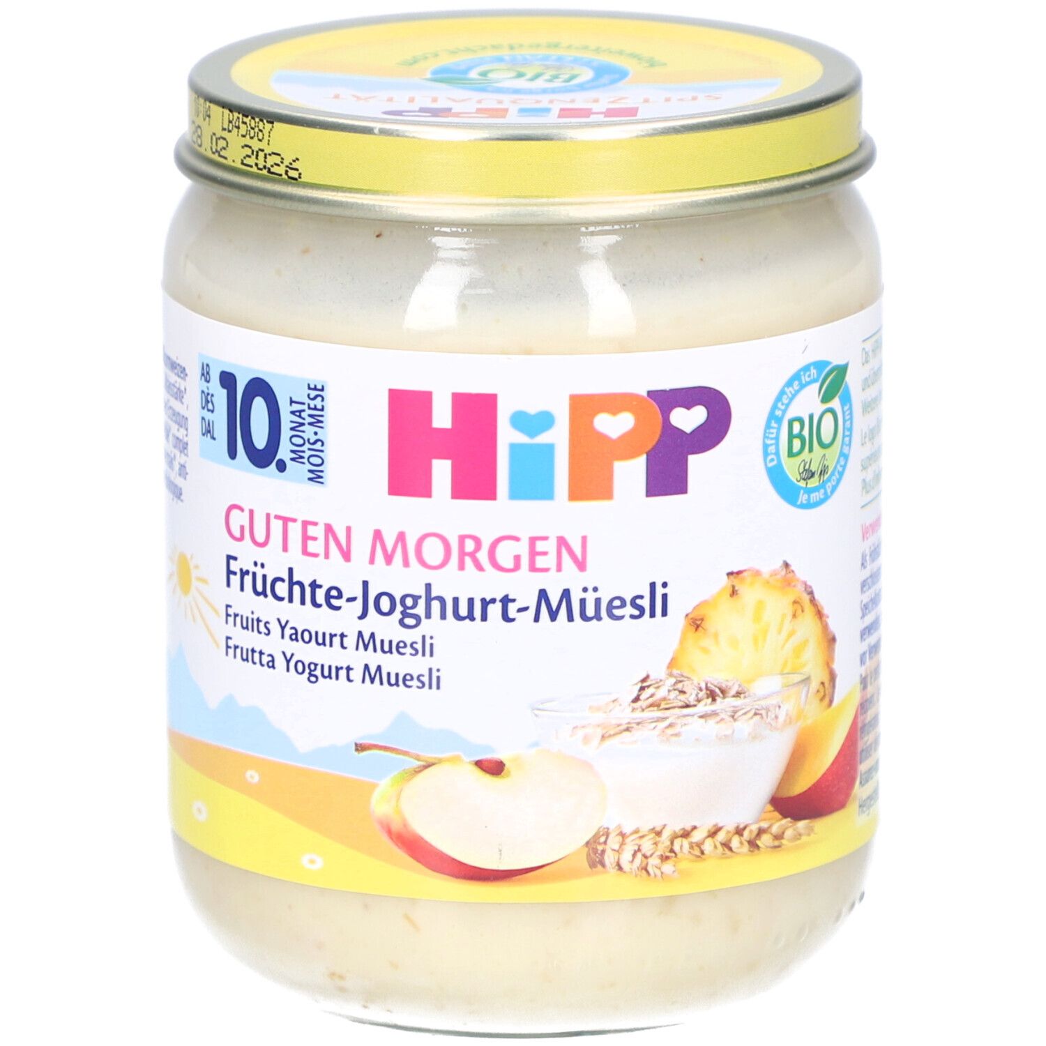 Glas mit HIPP Guten Morgen Früchte-Joghurt-Müesli. Aufschrift: 10. Monat, BIO. Abbildung von Früchten und Müesli.