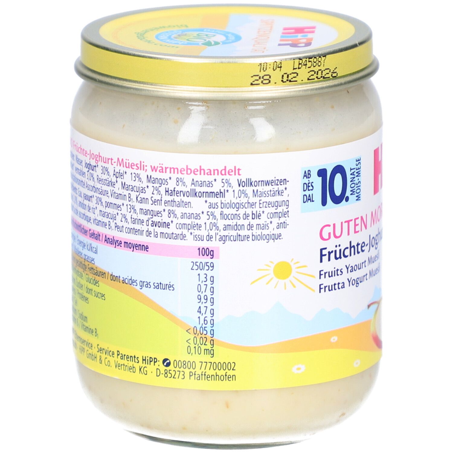 Rückseite des Glases mit HIPP Guten Morgen Müesli. Angaben zu Inhaltsstoffen und Nährwerten. Aufschrift: 100g.