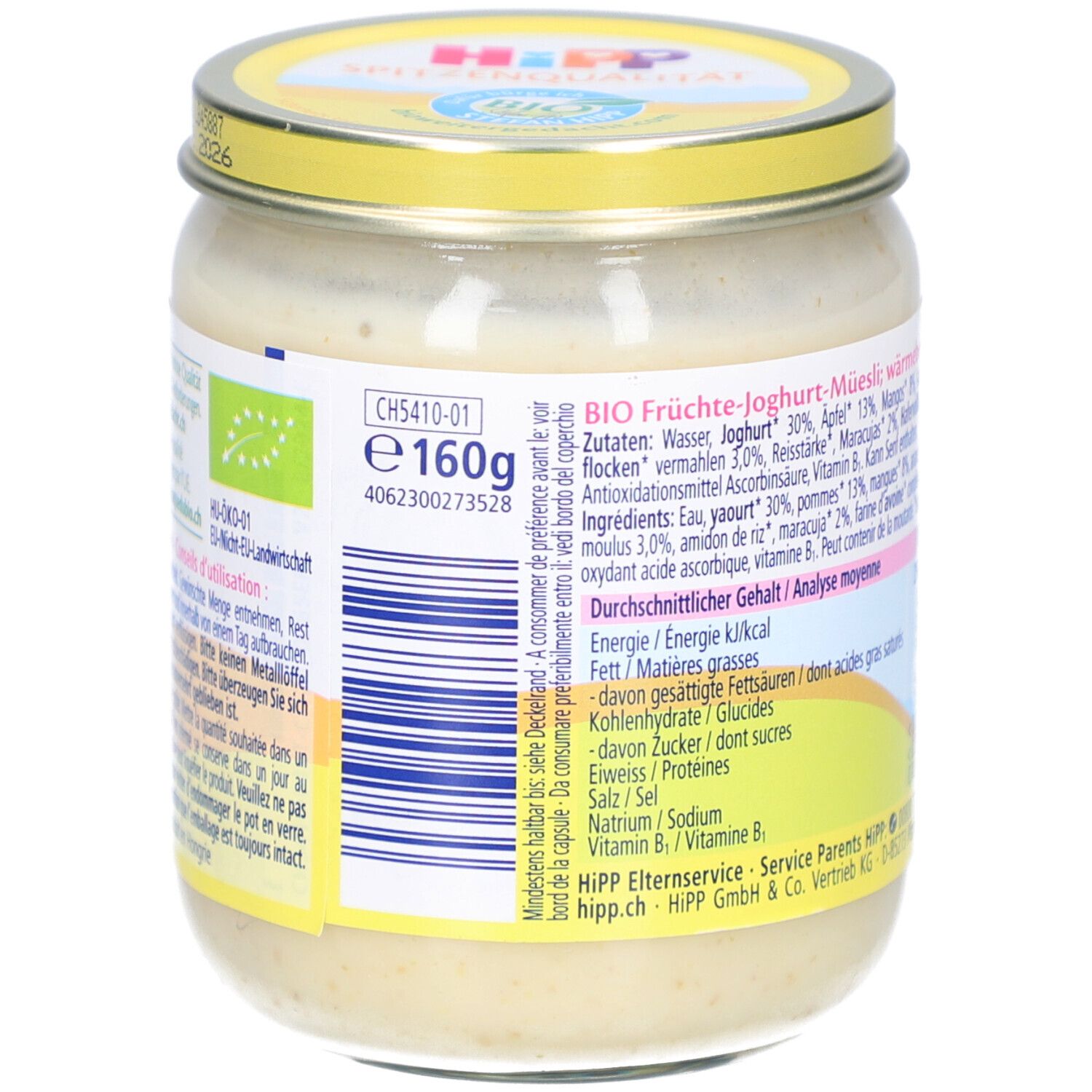 Rückseite des Glases mit HIPP Guten Morgen Müesli. Angaben zu Inhaltsstoffen und Nährwerten. Aufschrift: 160g.