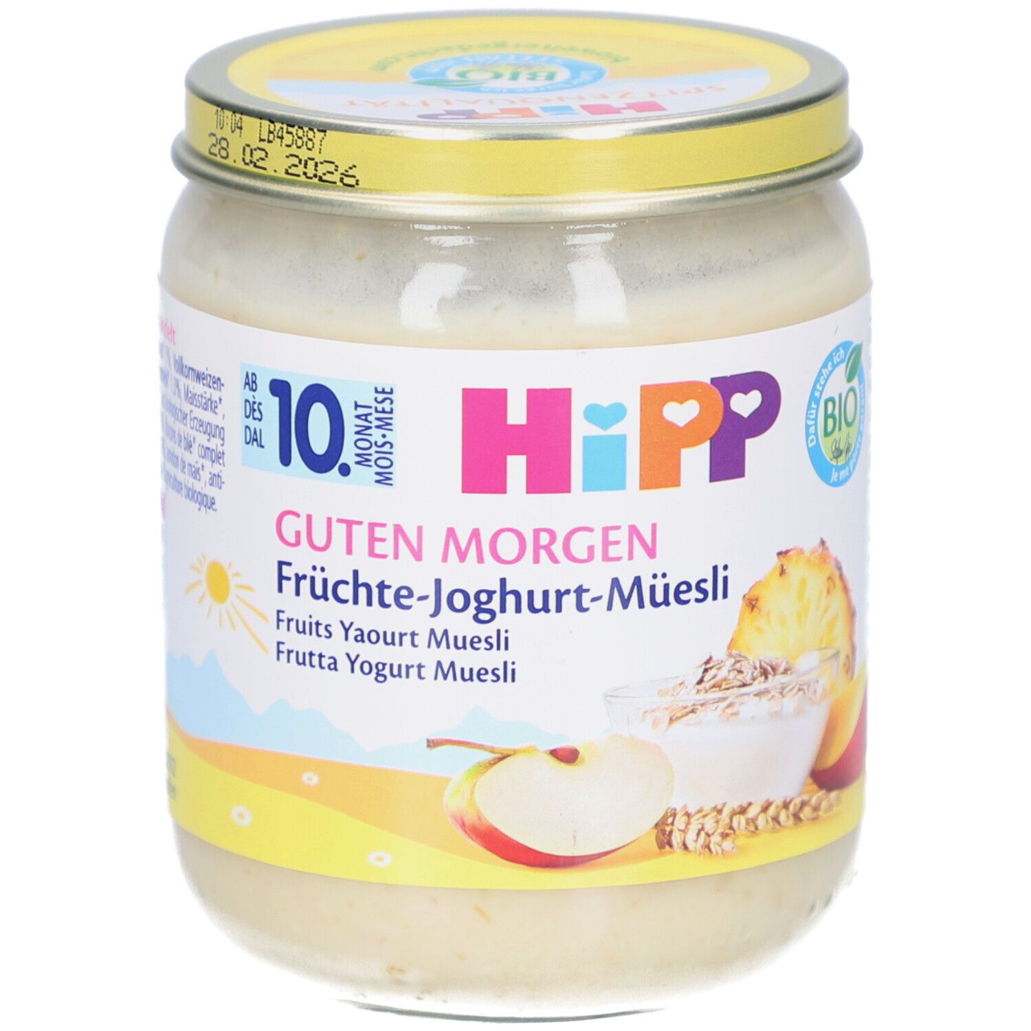 Glas mit HIPP Guten Morgen Früchte-Joghurt-Müesli. Aufschrift: 10. Monat, BIO. Abbildung von Früchten und Müesli.
